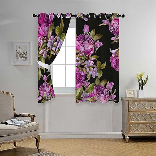 Miniatura 2 de Cortinas para Cocina Dark Floral Grommet Short Blackout Curtain for Door Cortinas para Ventanas De Cuarto 63Inch Width by 63Inch Length,2 Panels