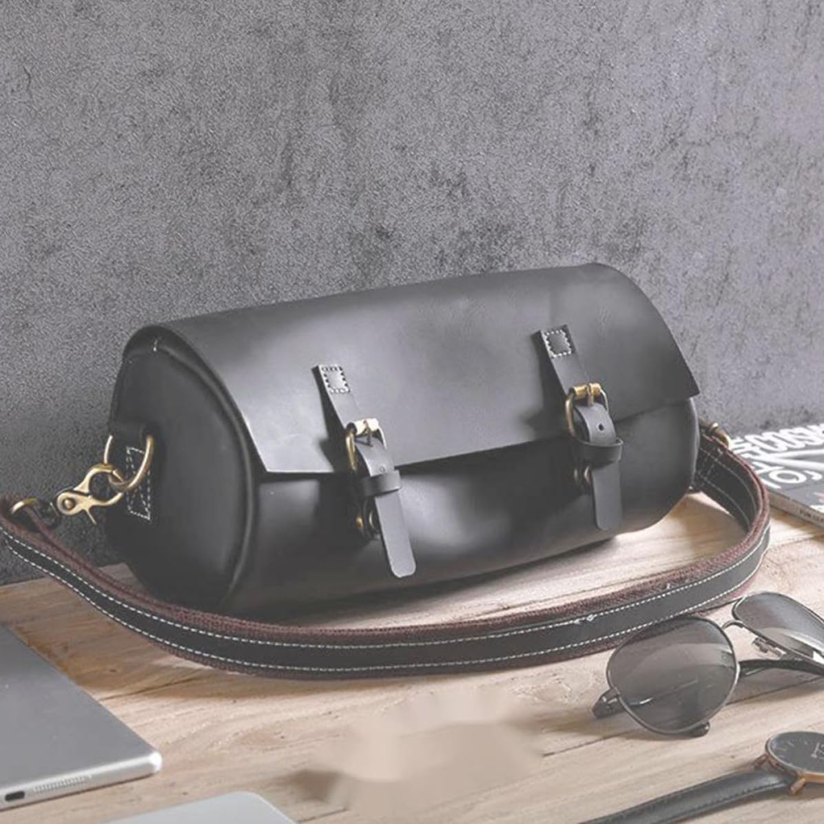 Men's Vintage round Barrel Crossbody Bag, Adjustable PU Leather
