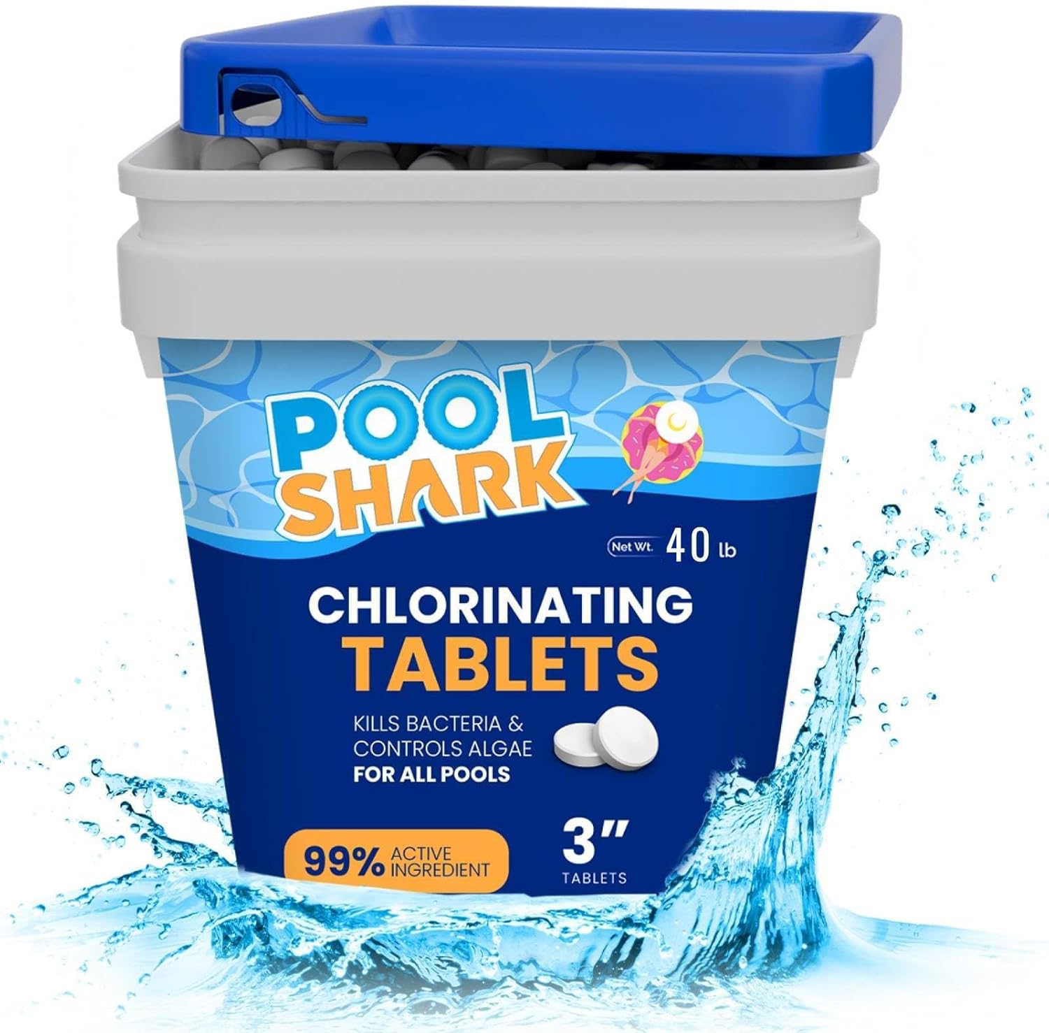 Pool Shark Swimming Pool Chlorine Tablets - 3-Inch Chlorine Tablets - Slow-Dissolving 90% Active Chlorine Tabs - Pool Chemicals for Inground Pools, Above Ground Pools, Saltwater, Spa, Hot Tub (40 lbs)