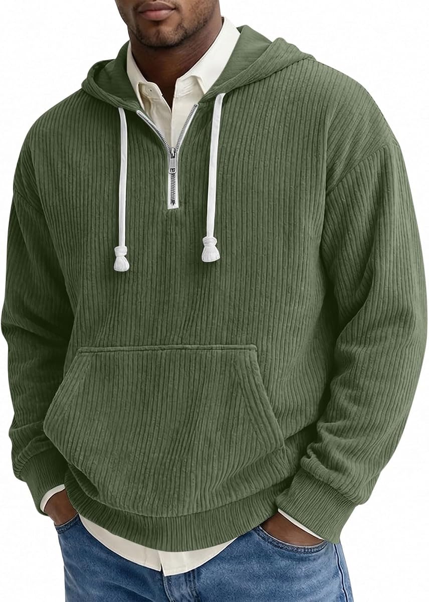 Men's Quarter Zip Hoodies Corduroy Knit Pullover Tops Casual Fall | 1/4 Zipper Hooded Drawstring, Trendy Corduroy Textured, Oversized, Kangaroo Pocket, Solid Color, Loose Fit, Work Outfit