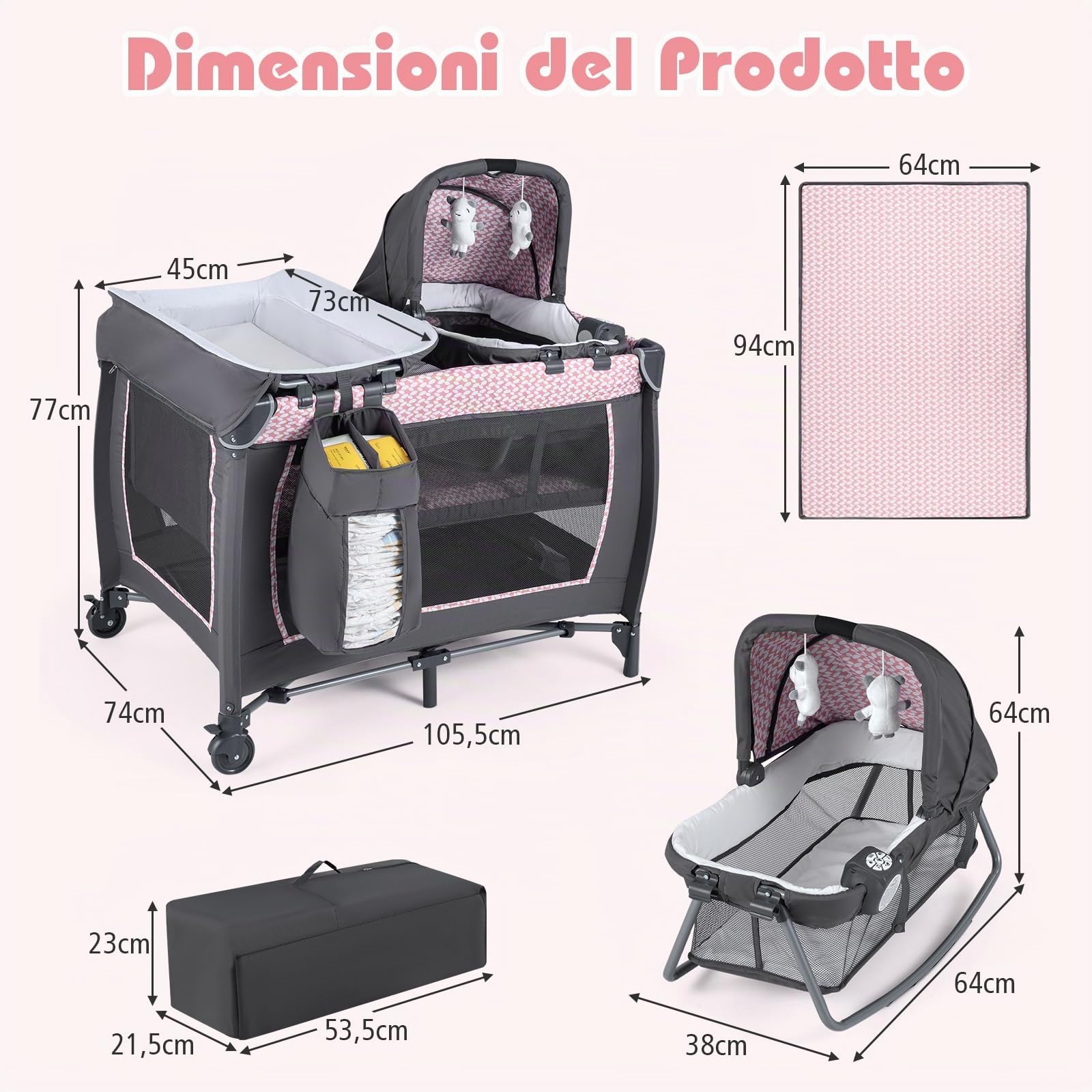 RELAX4LIFE 5 in 1 Culla Neonato con Materasso Sottile, Lettino da Campeggio per Bambini con Fasciatoio e Tettoia, Lettino da Viaggio con Ruote, 2 Giocattoli Appesi, per Bambini 0-3 Anni (Rosa)