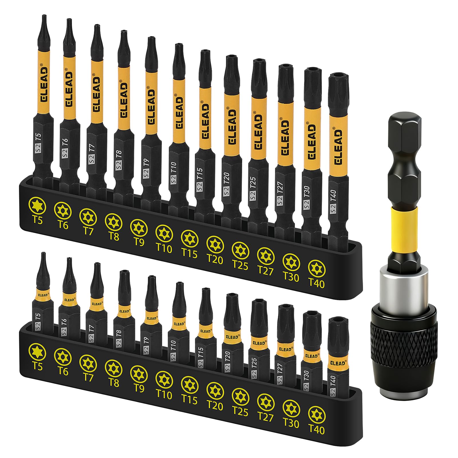 Tamper Proof Torx Bit Set: 25 Pieces T5-T40 Torx Security Bits Set | Torque Star Bits with 2.5" Magnetic Extension Bit Holder and Storage Box | S2 Steel