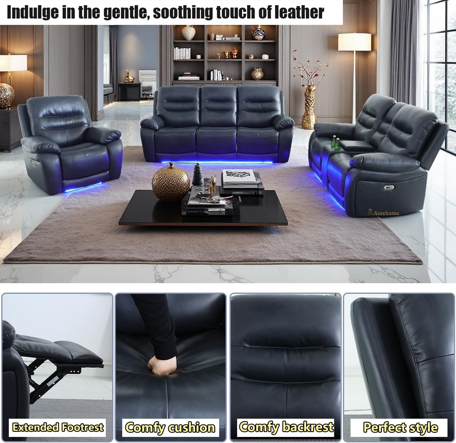 A Ainehome LED Power Recliner Sofa for Living Room Furniture Set, Leather Sectional Sofa Set, Reclining Couch and loveseat Chair with USB Port/Storage Console/Cup Holders,Black
