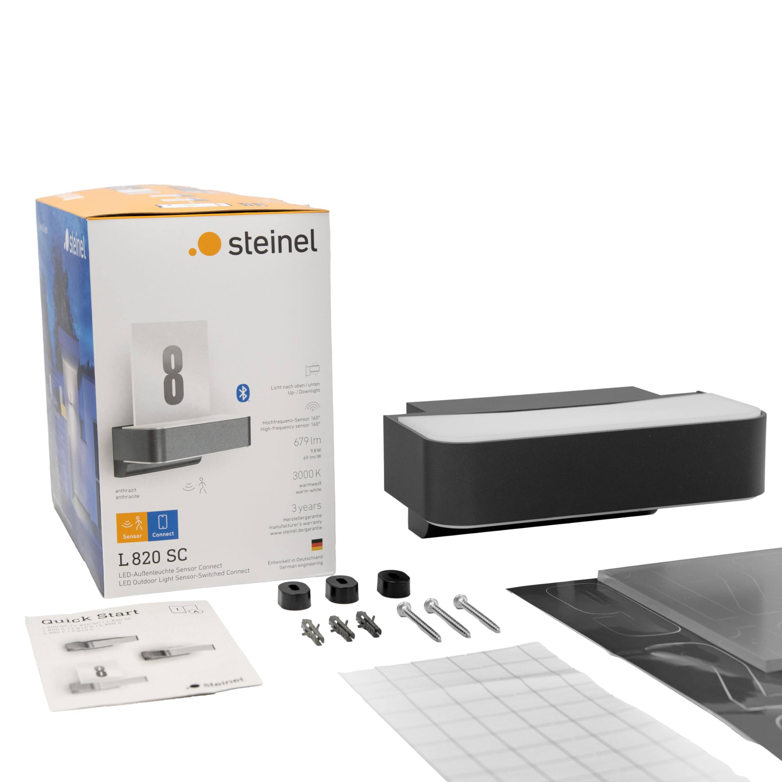 Steinel Kinkiet zewnętrzny LED L 820 SC antracytowy, 9,8 W, 679 lm, zawiera numer domu, czujnik ruchu 160° iHF, możliwość pracy w sieci, obsługa za pomocą aplikacji, aluminium