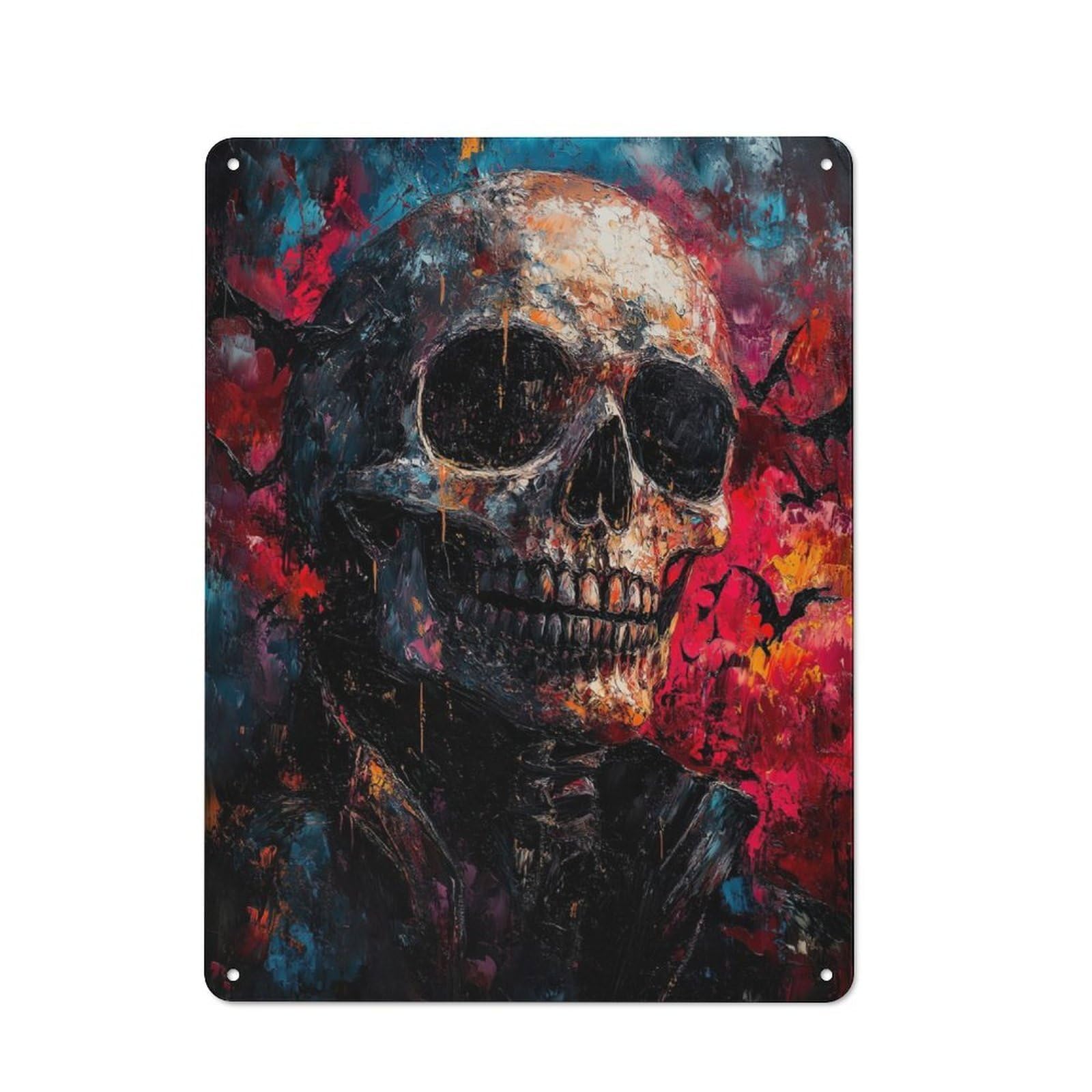 Junmoney Skull In Bats Painting Metal Plaque 40X30cm With For Workshop Wall, Retro Decor, For Garage, Workshop And Man Cave Decoration