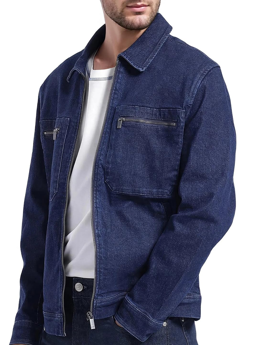Rare Rabbit Men's Denner Dark Blue Cotton Plain Relaxed Fit Full Sleeve Spread Collar Jacket 4