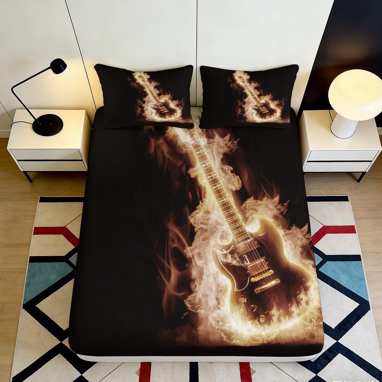 3D Printed Flaming Guitar Fitted Sheet Microfiber Soft Durable Black Bed Cover with Fire Pattern Mattress Cover for Bedroom Dormitory Guest Room 160x200x25cm