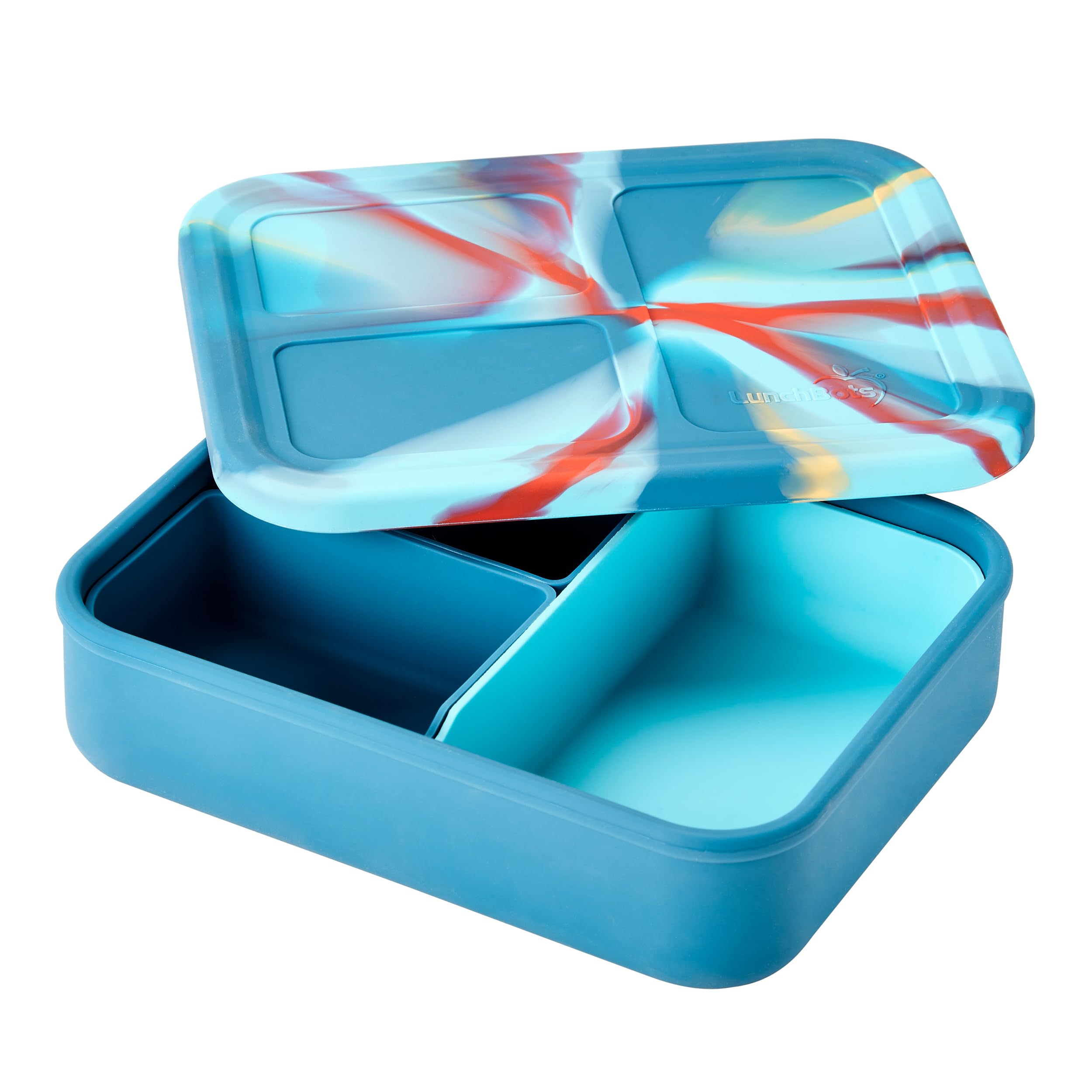 LunchBots Build -a- Bento, Platinum Food Grade Silicone Bento Box, Leak Proof, BPA Free, Oven & Dishwasher safe 32 oz Capacity - Tie Dye Dark Blue