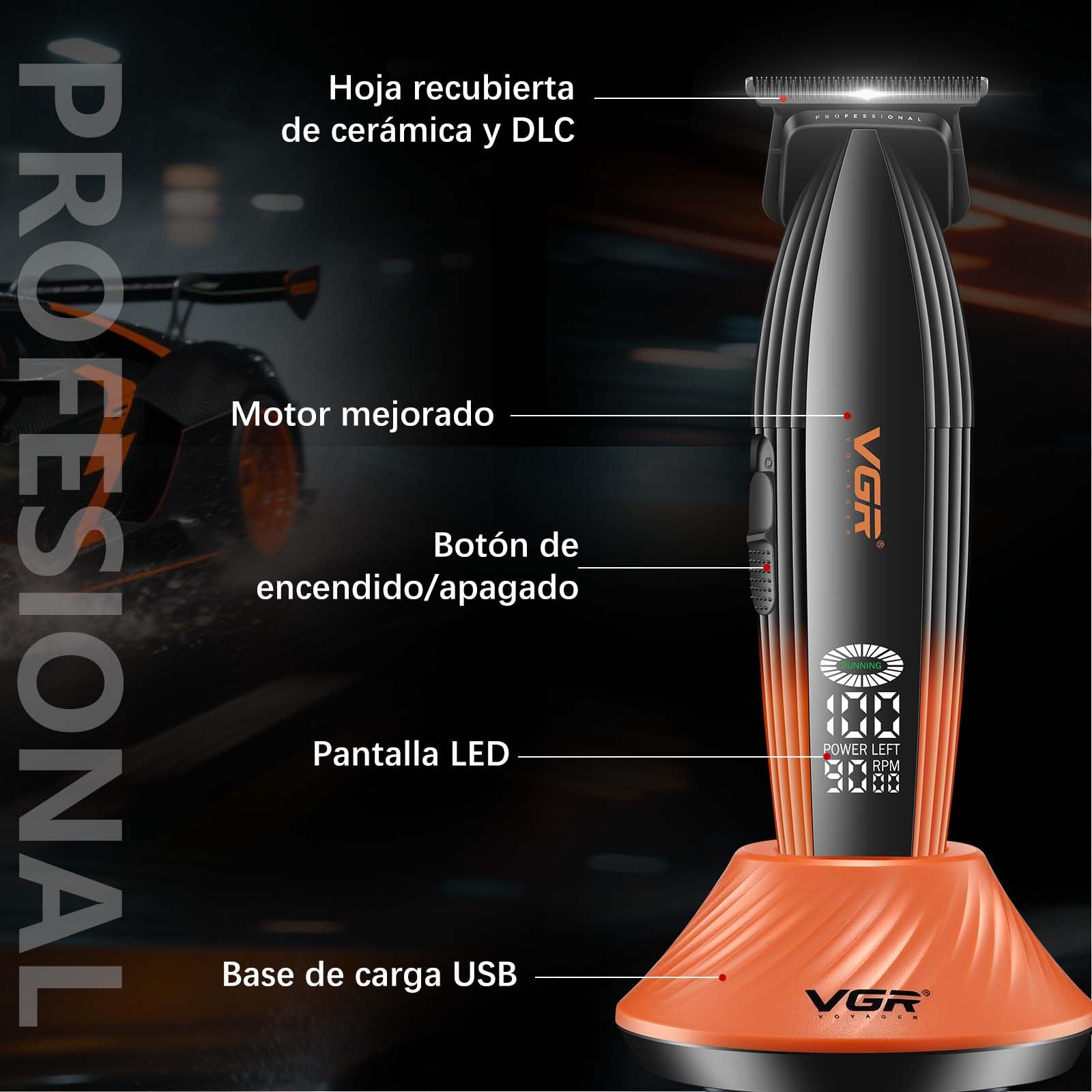 VGR 889T Maquina de Cortar Pelo Hombre Precisión, Base de Carga, Naranja | Cortapelos Hombre Profesional con Modo Turbo, Pantalla LED y Carga USB