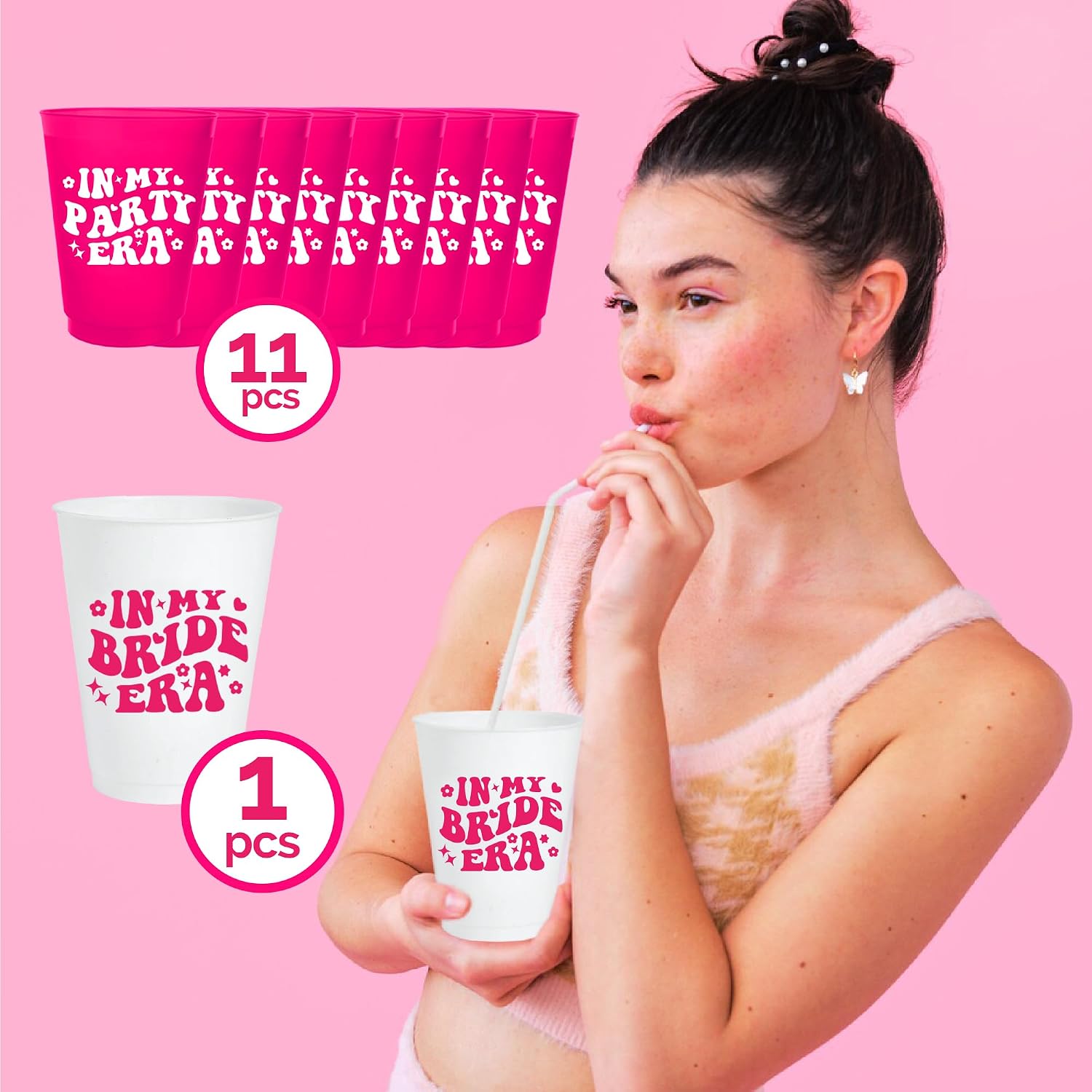 Bachelorette Cups Set of 12, 16 Oz Each, 1 In My Bride Era and 11 In My Party Era Bachelorette Party Cups, Themed Decorations for Bride