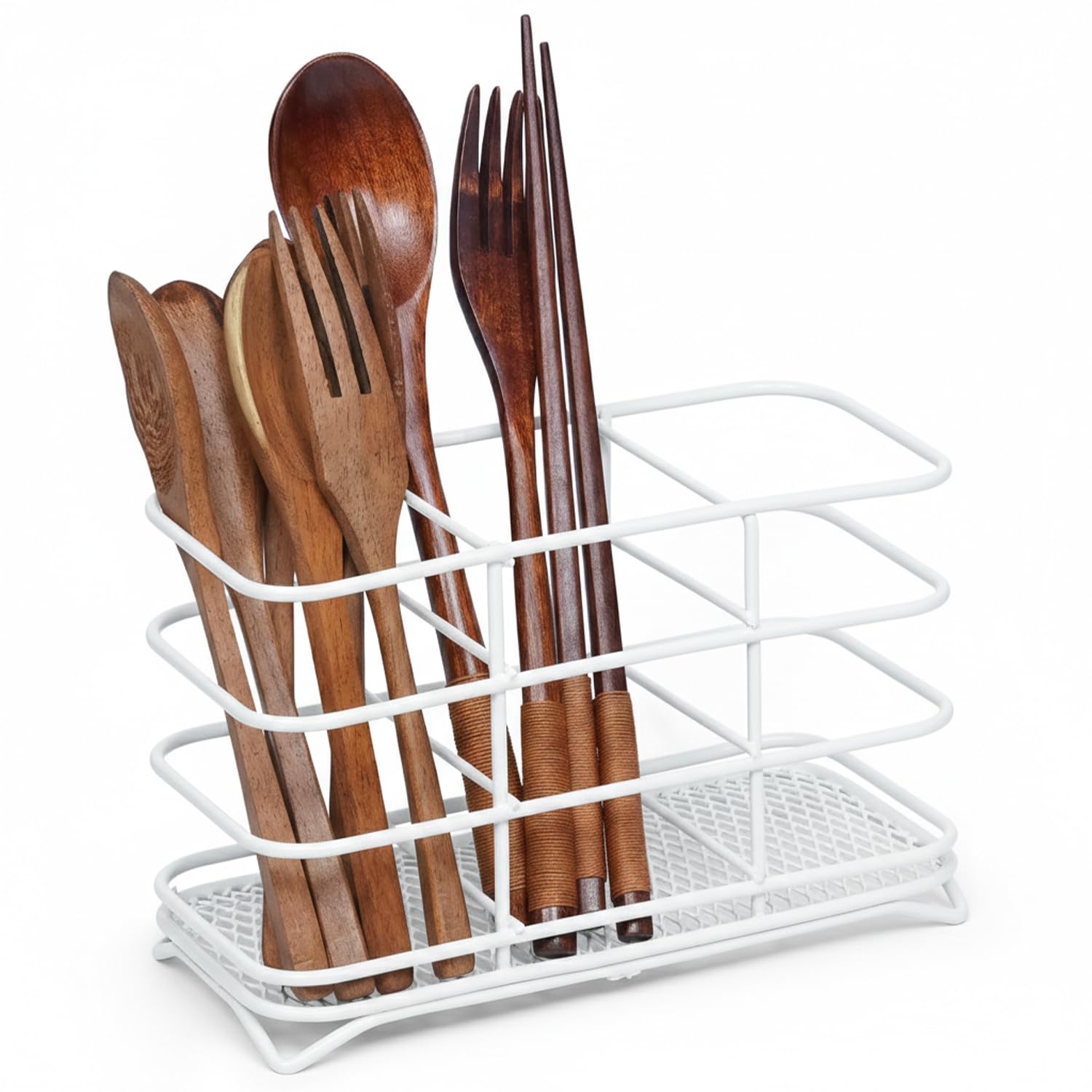 Besto Cutlery Drainer for Kitchen Utensil | White Coated Steel Utensil Holder | Steel Mesh Basket Cutlery Rack for Kitchen Forks Knives, & Spoons