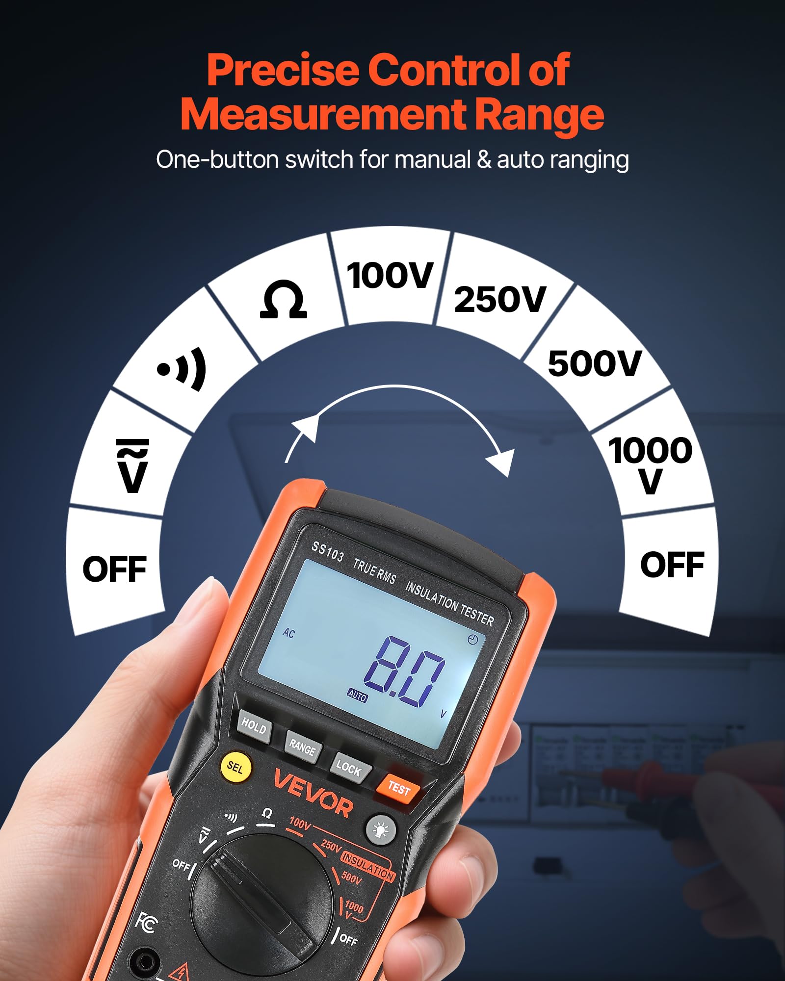 VEVOR Multímetro Digital TRMS, 4000 Cuentas, Voltímetro, Ohmímetro, con Rango Automático Manual Conmutable, Comprobador Voltaje CA/CC 1000 V, Resistencia y Continuidad, 190 x 95 x 60 mm, Negro