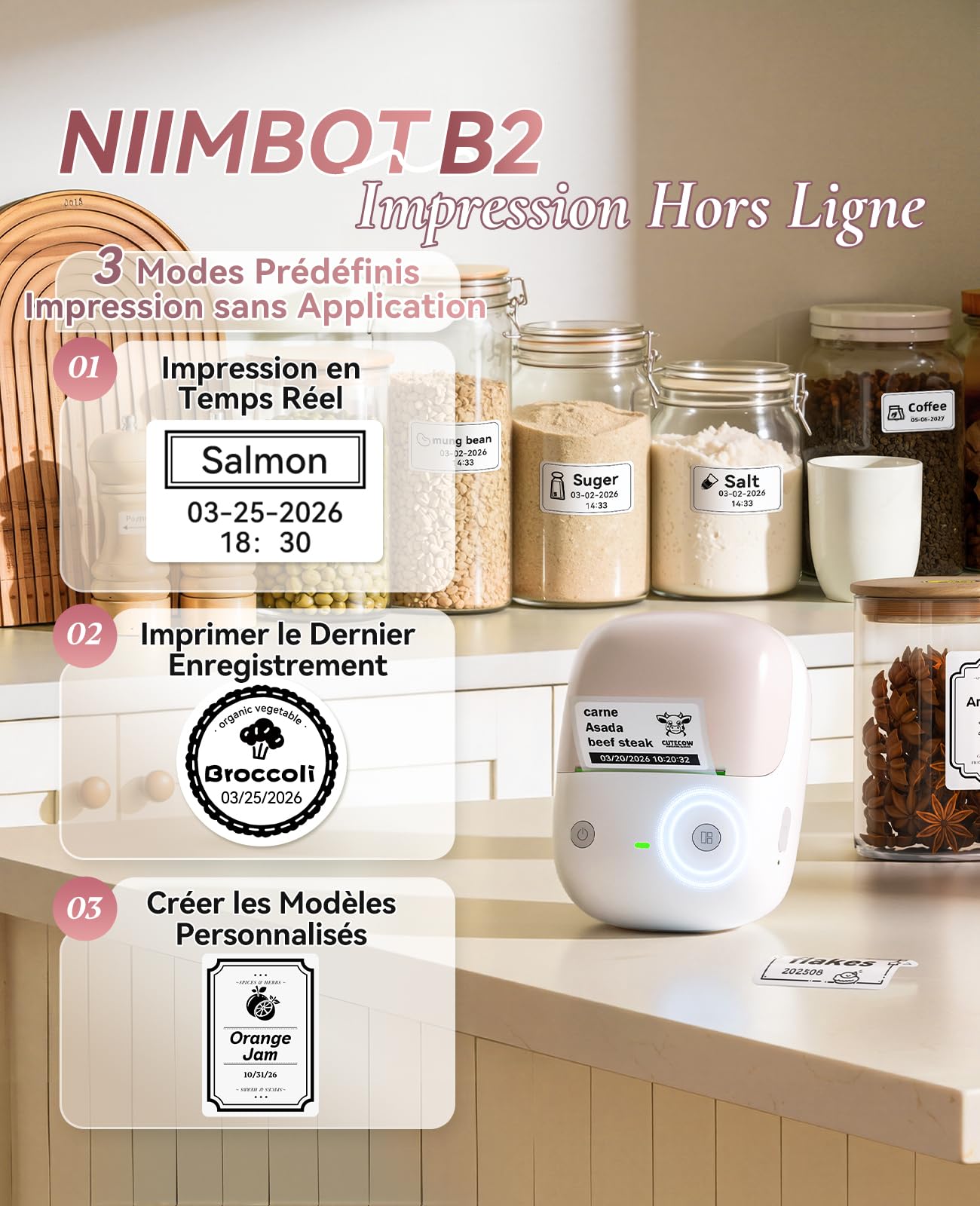 NIIMBOT B2 Étiqueteuse Portable Thermique sans Encre, Impression Hors Ligne, 50x30mm, Beige Abricot