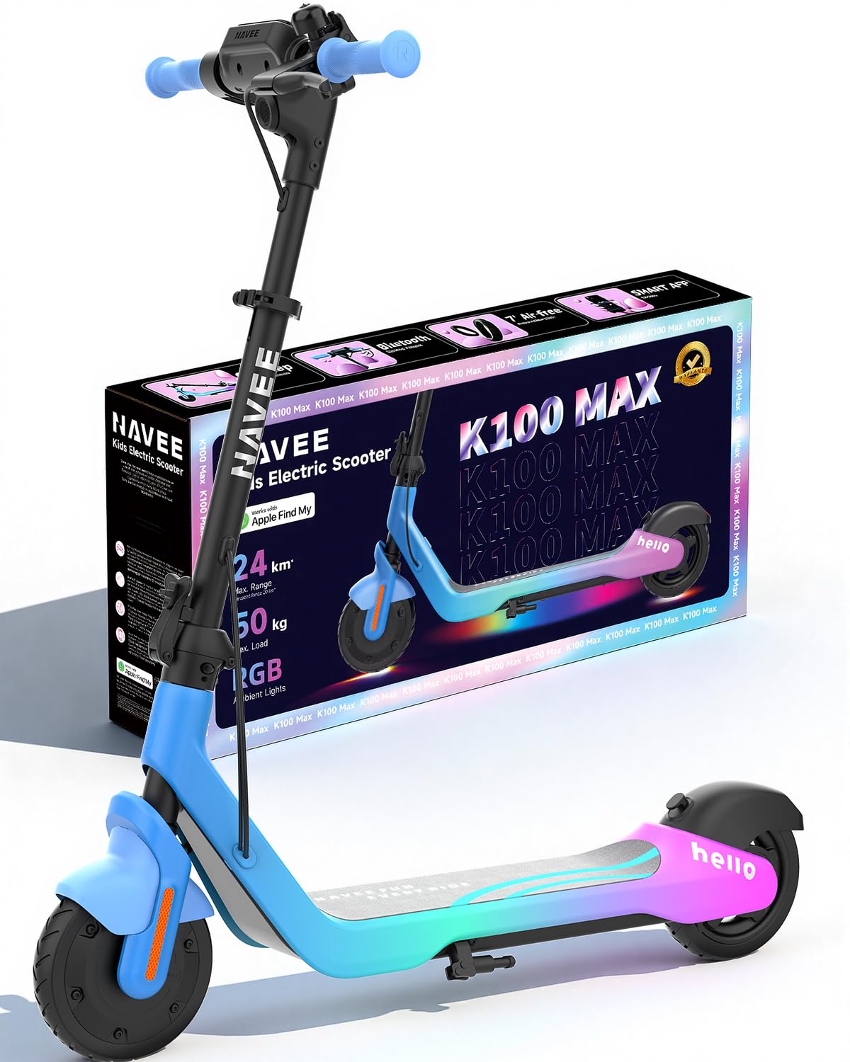NAVEE K100/K100 Max Trottinette Electrique Enfant 6-10 Ans, 14KM-24KM Autonomie, Vitesse Max 16 km/h, Pneus Pleins 7", Contrôle Via APP, Écran LED 4", Lumières RGB, Trottinette Électrique Enfant