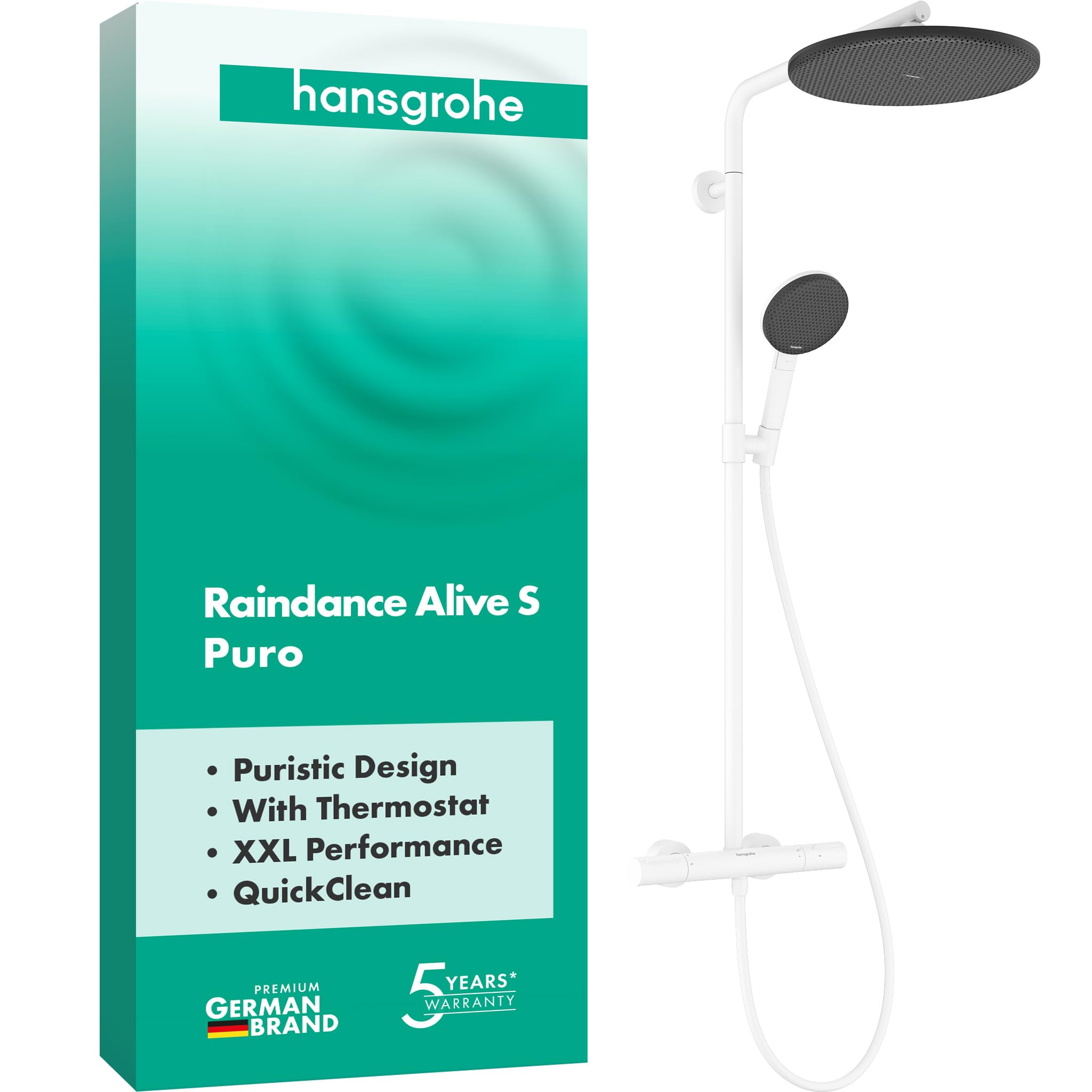hansgrohe Raindance Alive S Puro - sistema de ducha con termostato, ducha lluvia (300 mm) con grifo, ducha de mano (3 tipos de chorro), flexo, barra, ducha fija redonda, blanco mate, 24592700