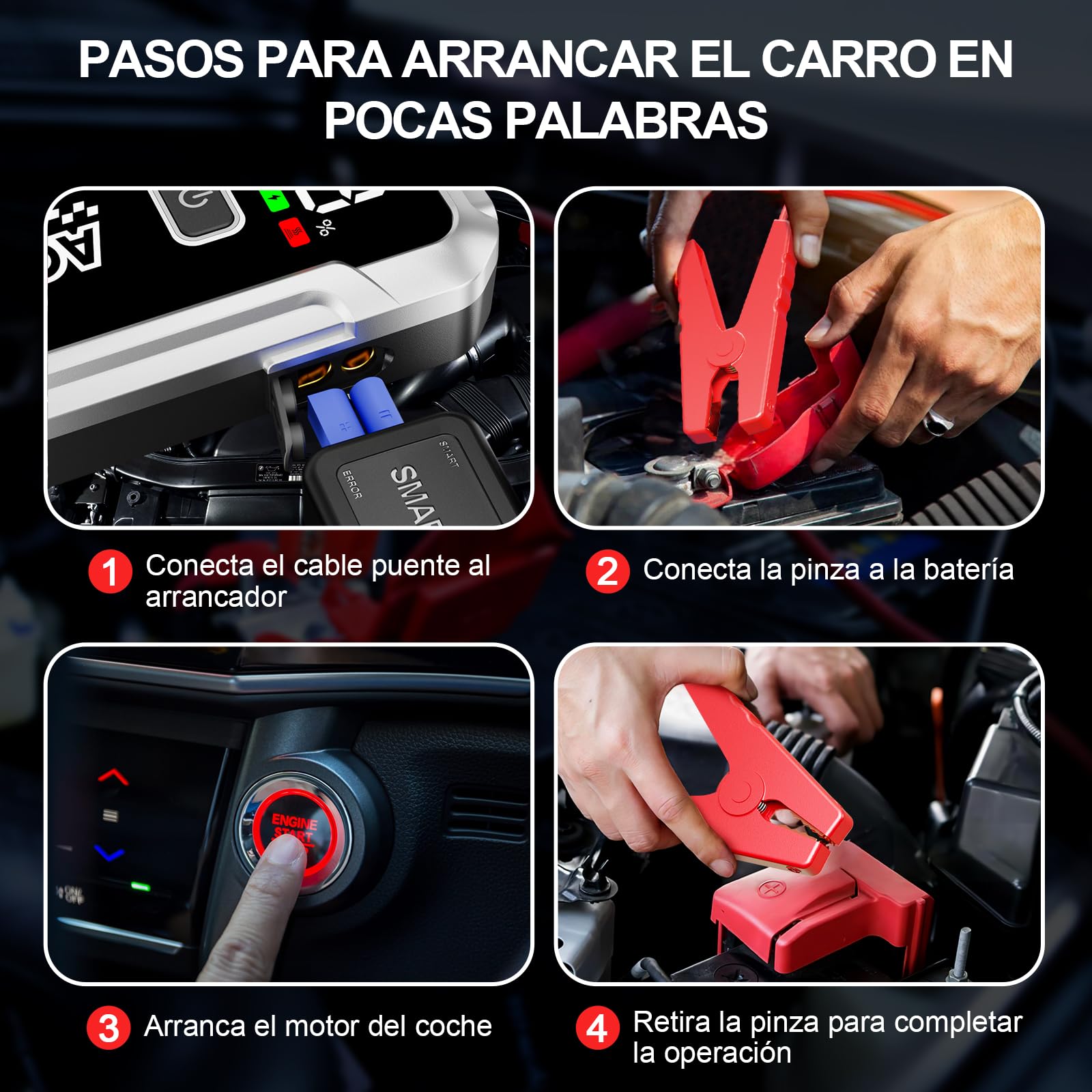 Arrancador de Coches 7000A 12V Arrancador de batería para Todo Gasolina o 10L de Diésel Booster con Pantalla LCD Grande Clips de Seguridad Inteligentes Carga USB y Luz LED