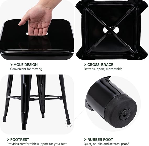 24 Inch Metal Bar Stools Set of 2, Stackable for Indoor Outdoor, Black | No Assembly, Waterproof & Rustproof, 300LBS Capacity, Space-Saving Stackable, Backless, Easy to Move, Non-Slip Feet