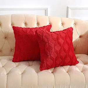 Volcanics Pack of 2 Christmas Faux Wool Throw Pillow Covers 18x18 Inches Decorative Farmhouse Velvet Couch Pillow Case Soft Plush Square Boho Cushion Pillowcase, Red
