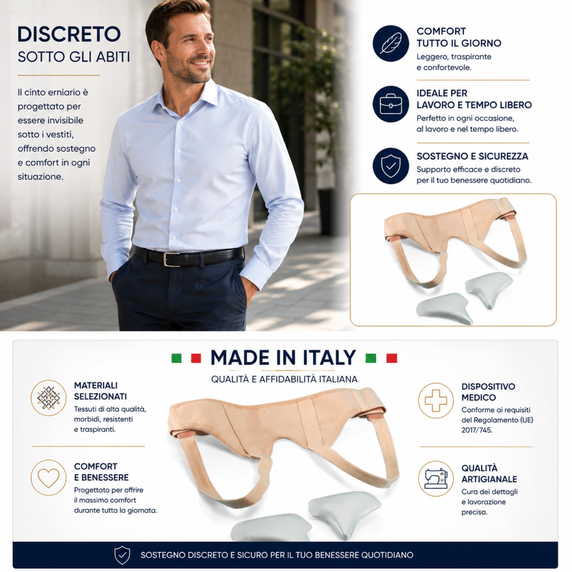 Kefrell Cinto Erniario Inguinale Regolabile, Fascia Contenitiva Ortopedica 5 cm, Tessuto Elastico Ipoallergenico, Compressore a Velcro Removibile, Supporto Post Operatorio, Made in Italy (100)