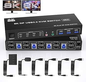 8K Displayport USB 3.0 KVM Switch 2 Monitors for 4 Computers, DP1.4 KVM Switch 4 Port with Audio Microphone Output and 3 USB 3.0 Ports, 8K DP Monitor Switch for 4 PCs 2 Monitors