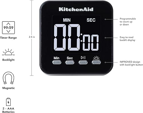 Miniatura 2 de KitchenAid Temporizador visual magnético digital de un solo evento con luz de fondo, cocina, aula, temporizador de huevos, negro