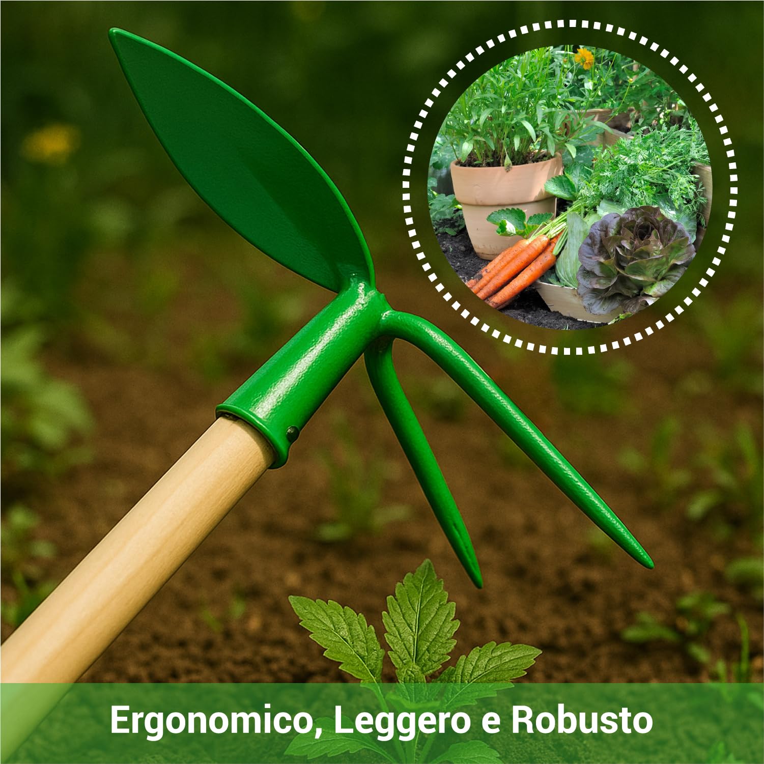 Crisalide® Azada de jardín con mango de madera 120 cm – Herramienta de jardinería para desherbar, mover y airear el suelo – Azada de doble punta ergonómica y resistente