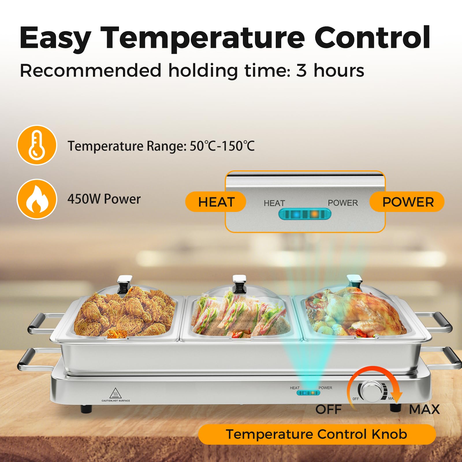 SOARS Scaldavivande Elettrico per Buffet 9L 450 W, Vassoio Scalda Vivande in Acciaio Inox con 3 Contenitori & Coperchi, Borsa, Temperatura 50-150℃, per Feste, Matrimoni, Ristoranti