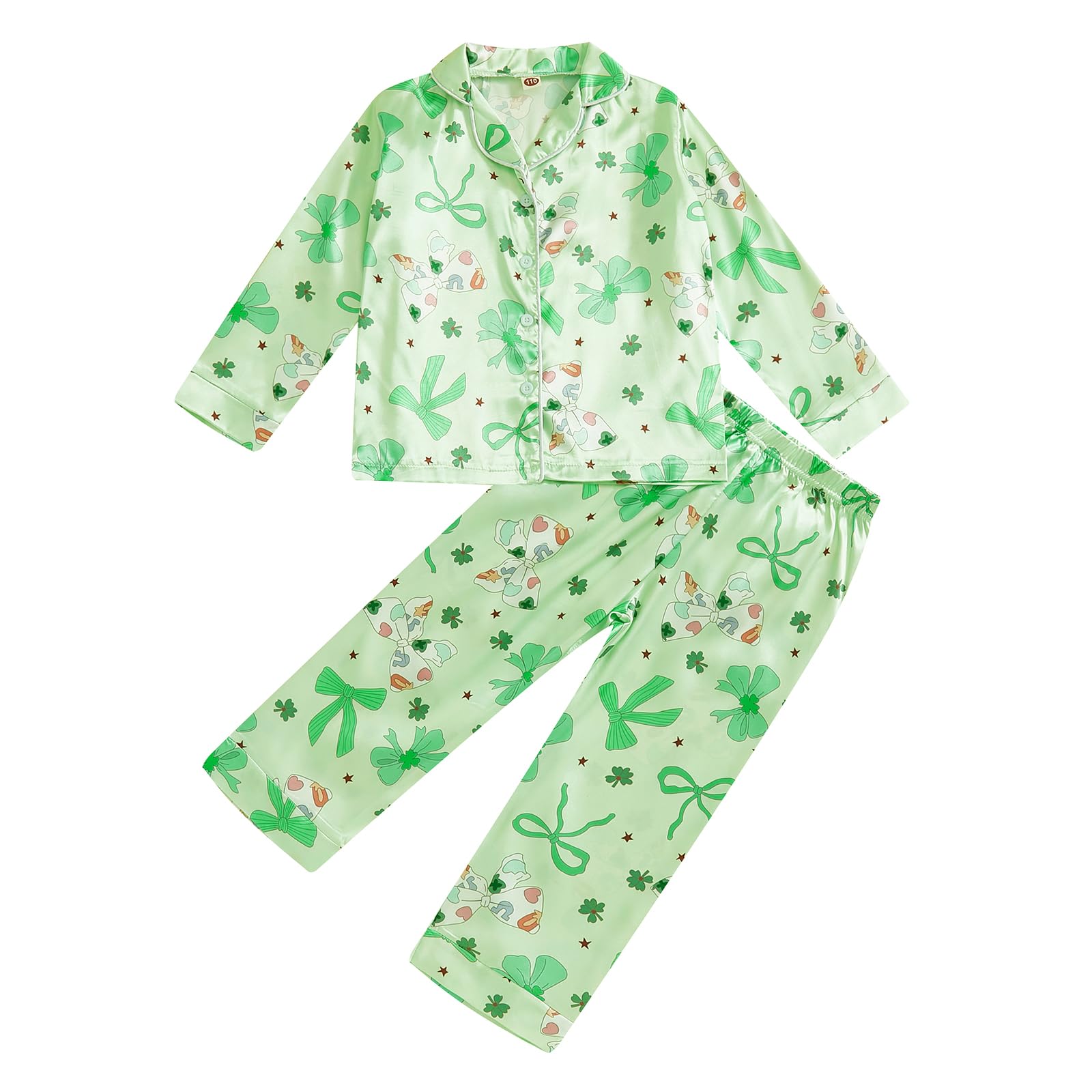 Kavousa Toddler Girl Boy Satin Silk Pajamas Bow Clover Print Pajama Set Button Down Tops Pants St Patricks Day PJs Nightgown (Clover Light Green, 1-2 Years)