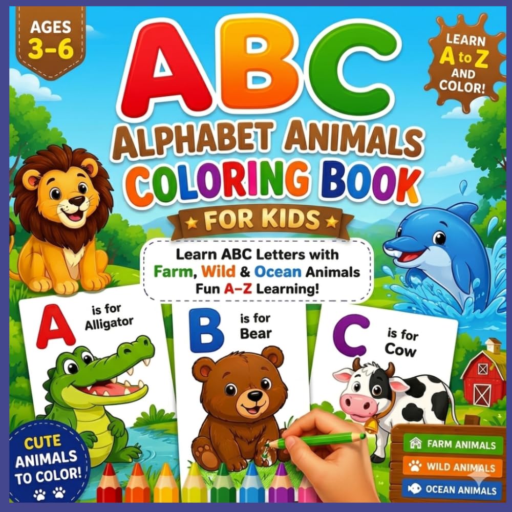 ABC Coloring Book for Kids Ages 3–6: Alphabet Animals Coloring Book with Farm, Wild & Ocean Animals (A–Z Learning)
