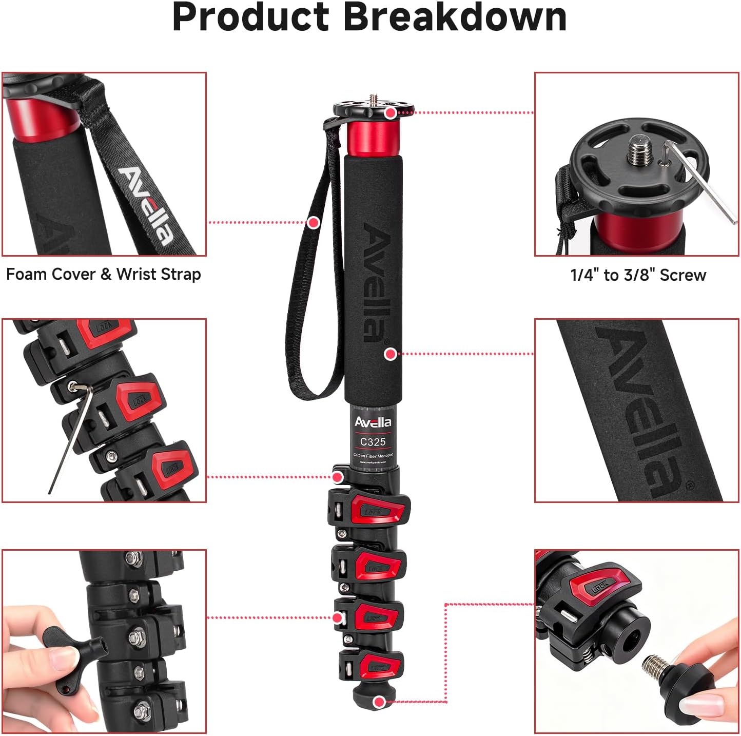 Avella C325 58 Inch Carbon Fiber Camera Monopod Professional Telescopic Monopods for Canon Nikon Sony Olympus Panasonic DSLR Camera Black