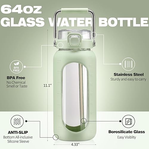 Miniatura 4 de BLUEGO Botella de agua de vidrio de 64 onzas, botellas de agua con mango de acero inoxidable y popote, botella de agua motivacional de medio galón