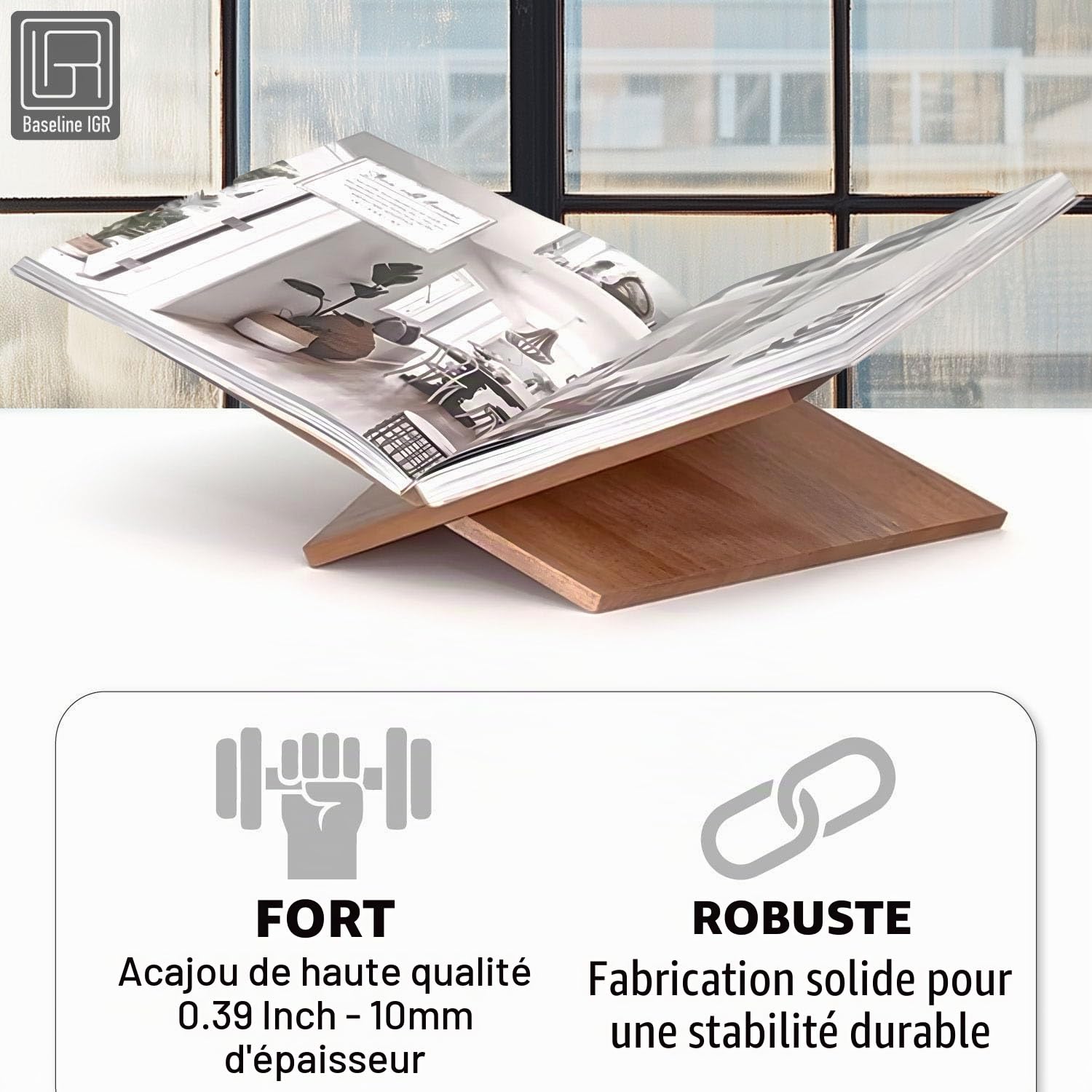 Grand support de livre en bois d'acajou naturel, 31,8 x 24,1 x 14 cm, support de livre ouvert pour affichage et lecture, livres de cuisine, livres d'art, bibles, magazines – Maison et bureau