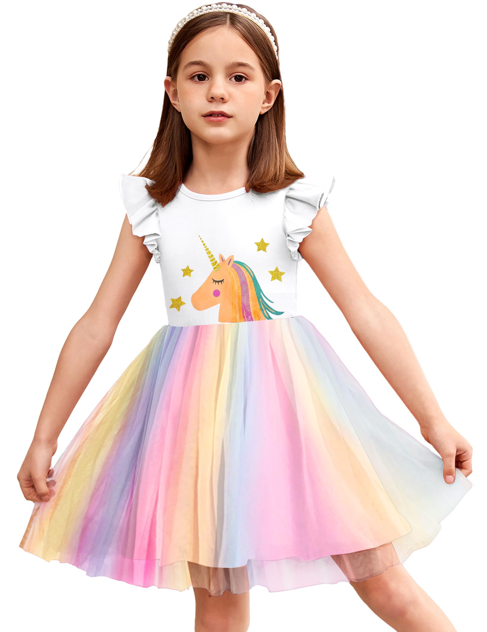 Arshiner Vestidos para Niña Vestido de Tul Mangas Voladoras Vestido de Princesa Vestido Festivo Tutú Vestido Infantil Vestido de Fiesta de Algodón Vestido de Cumpleaños Boda Verano 2-7 años