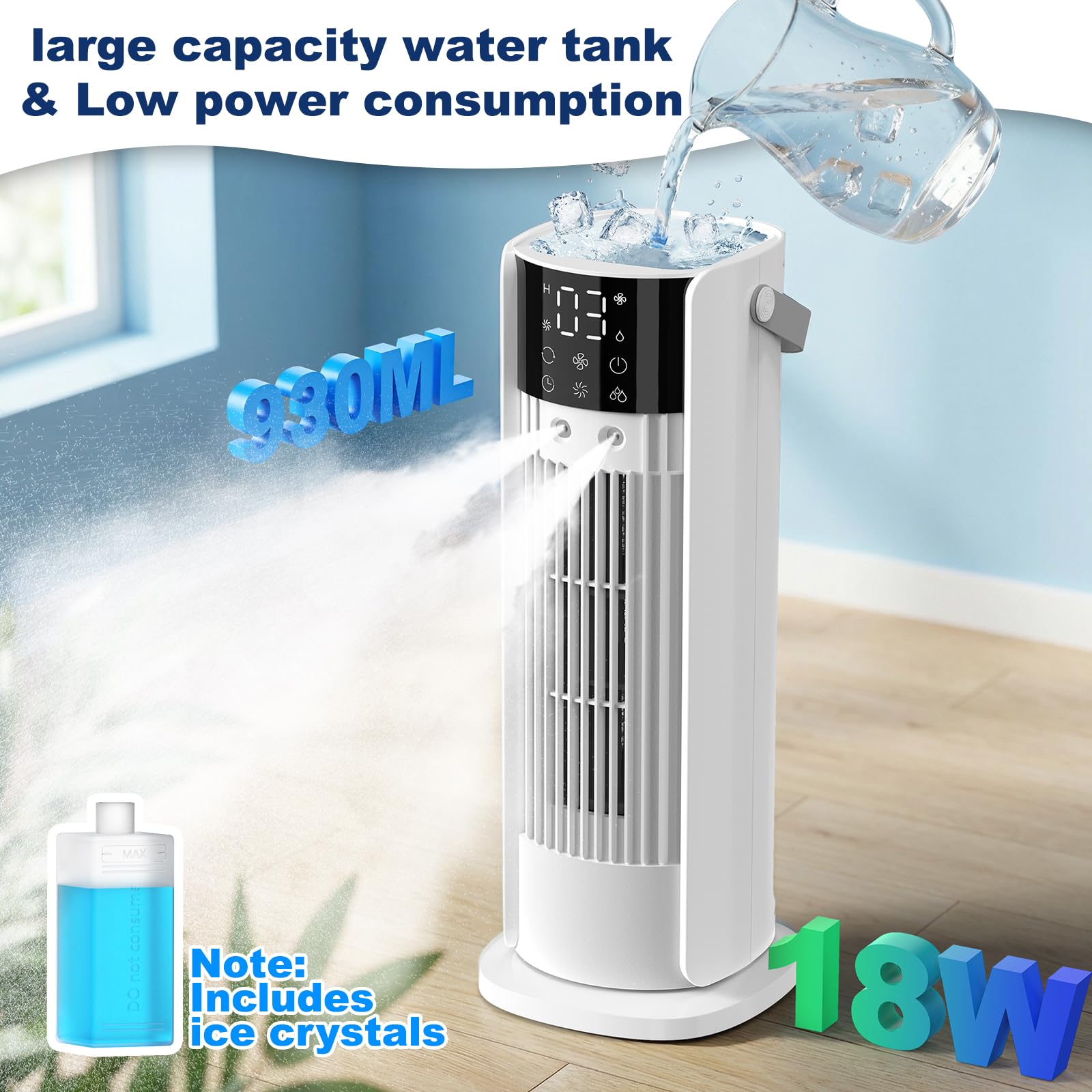 Climatiseur Mobile avec reservoir 4 en 1 rafraichisseur d'air silencieux avec 4 Vitesses, Mode Tempête, 2 Modes de pulvérisation, Minuterie et Oscillation à 90° pour Chambre et Bureau