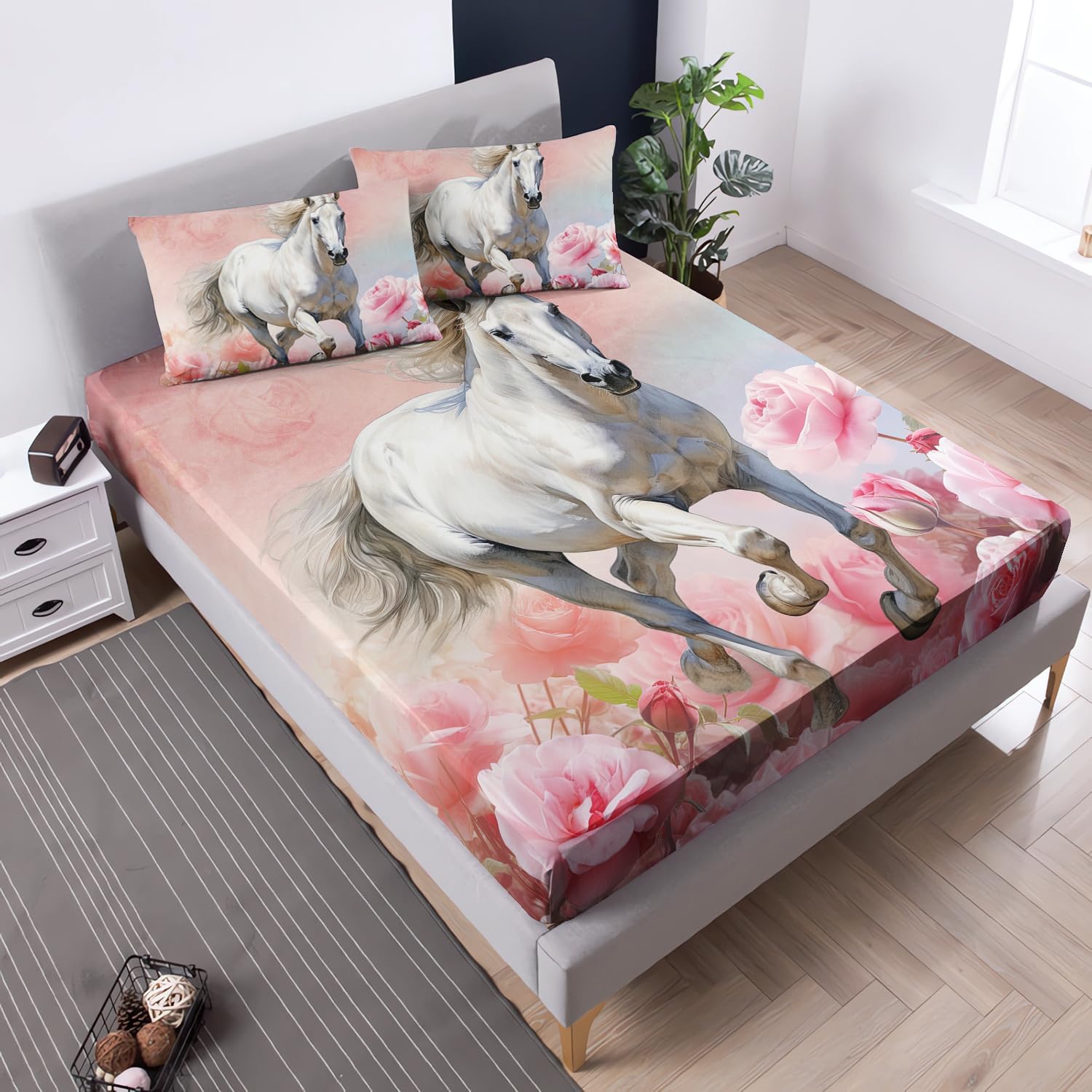 Galloping White Horse Bedding Queen Fitted Sheet Set Girls,Pink Floral Bedding Set for Kids Bedroom Decor,Western Farm Animal Bedding Fitted Sheet Sets,1 Fitted Sheet+2 Pillowcases.