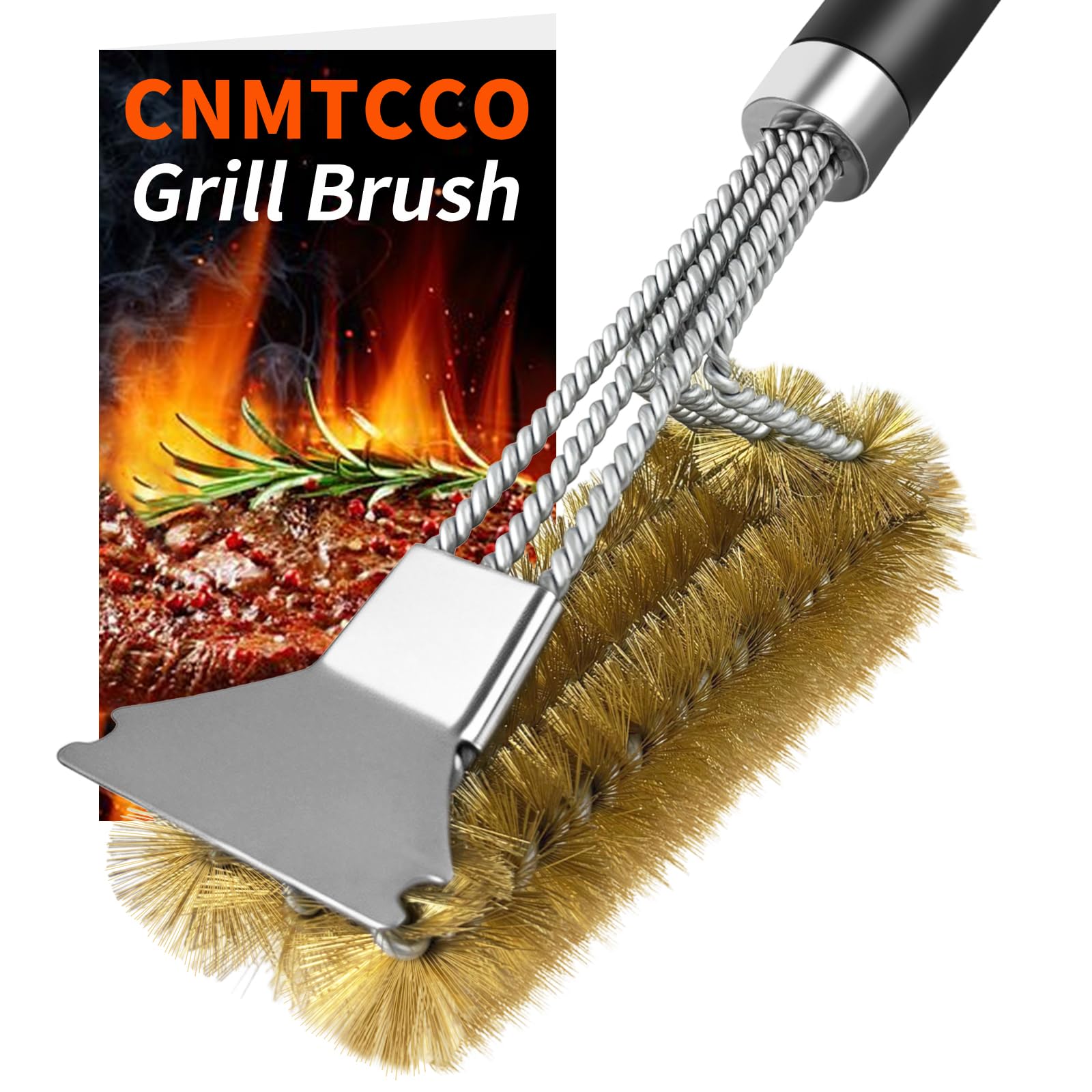 CNMTCCO Brass Grill Brush, 3-in-1 Grill Brass Brush with Brass Bristles, Scraper & Extra Long Handle, for Gas Grill, Charcoal Grill & Electric Grill, Effective Grill Cleaner without Scratches