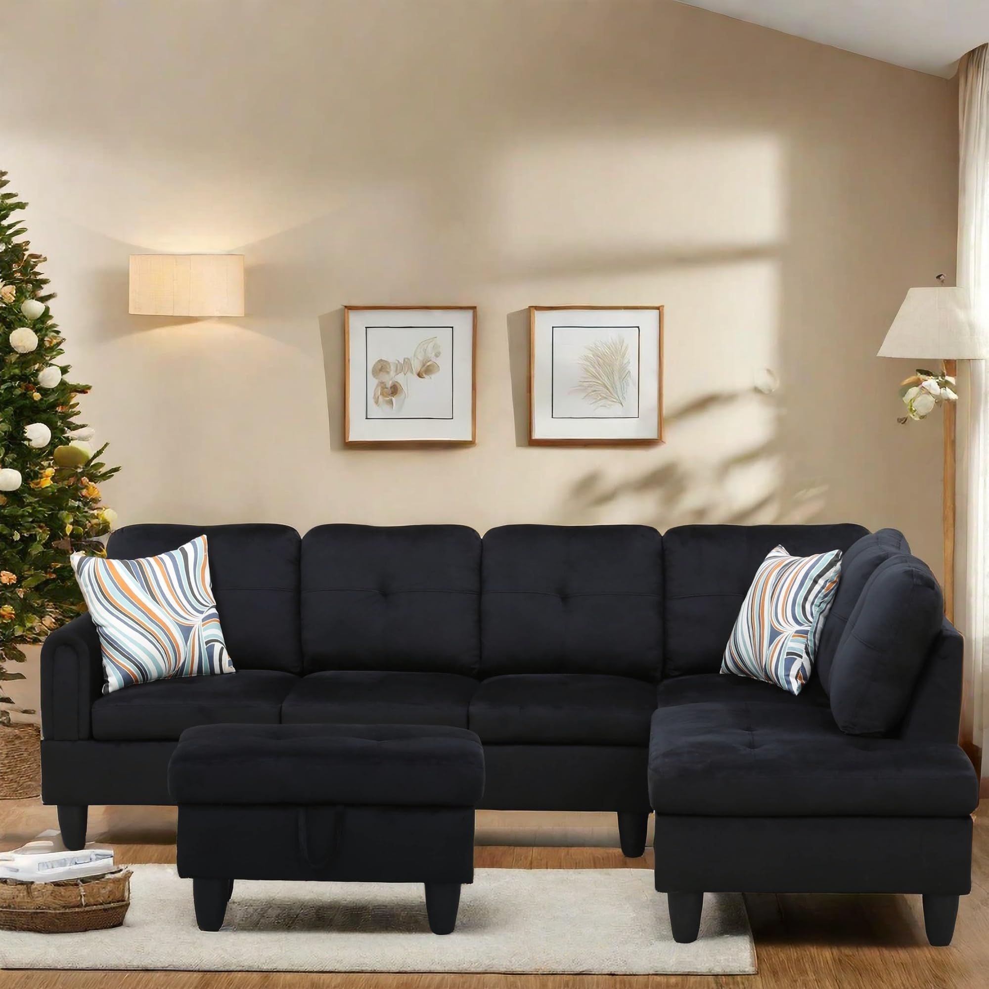 L Shaped Sectional Couch with Otttoman, 97" Sectional Sofa for Living Room Flannel Modular Couches with Cup Holders for Bedroom, Apartments, Black