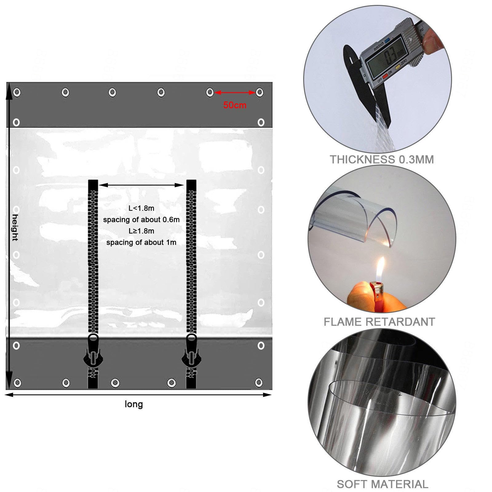 Transparent wasserdicht Vorhänge mit Reißverschluss für draußen,0.3mm dicke Vinyl-Plane Vorhang,winddicht,warm Trennvorhang,1/2/3/4/5m,wasserdicht Vinyl Plane für Veranda,L×H-3.8×2.2m(150*87in)