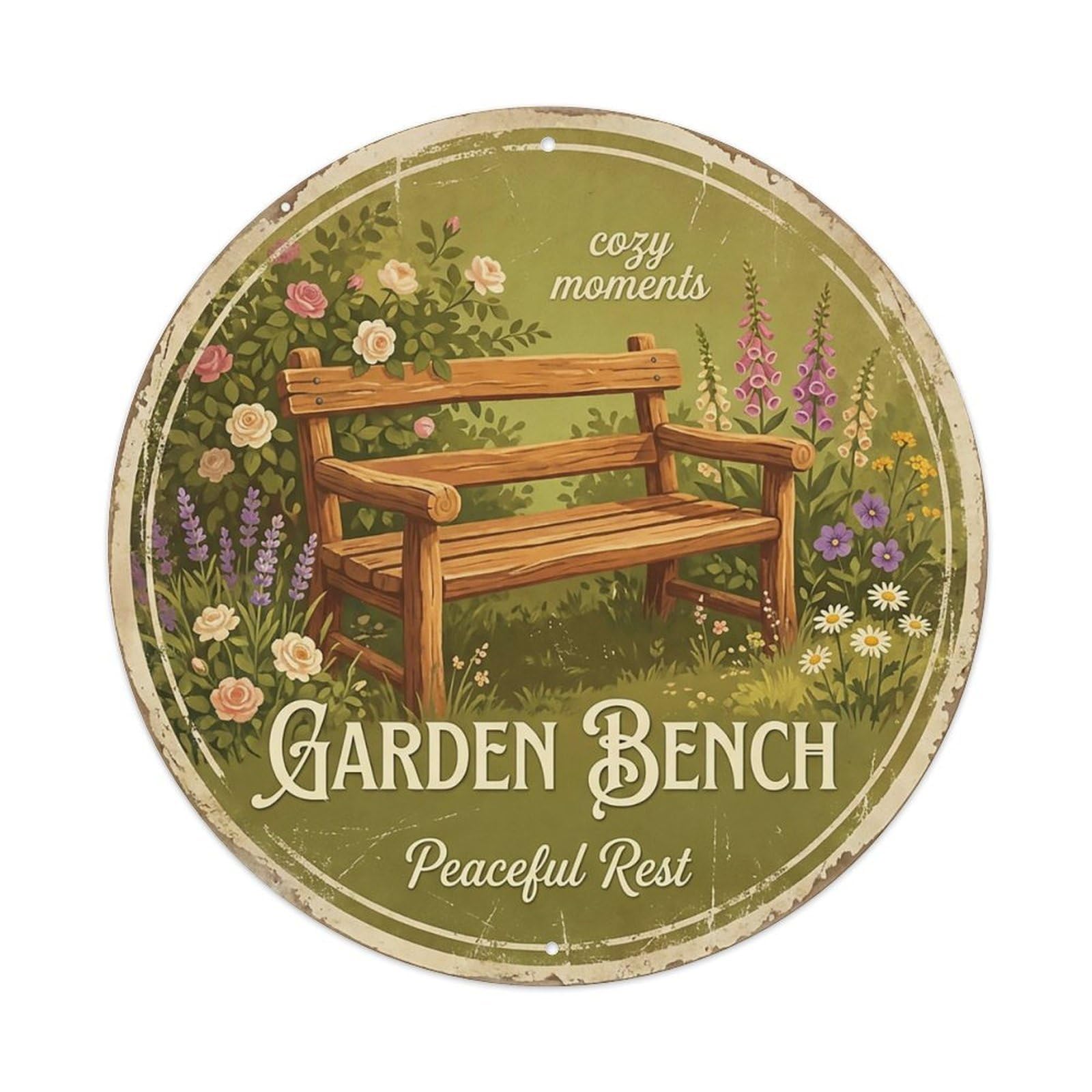 Cxhjca 8X8inch(20X20cm) Vintage Cottagecore Garden Garden Bench Wooden Metal Tin Sign