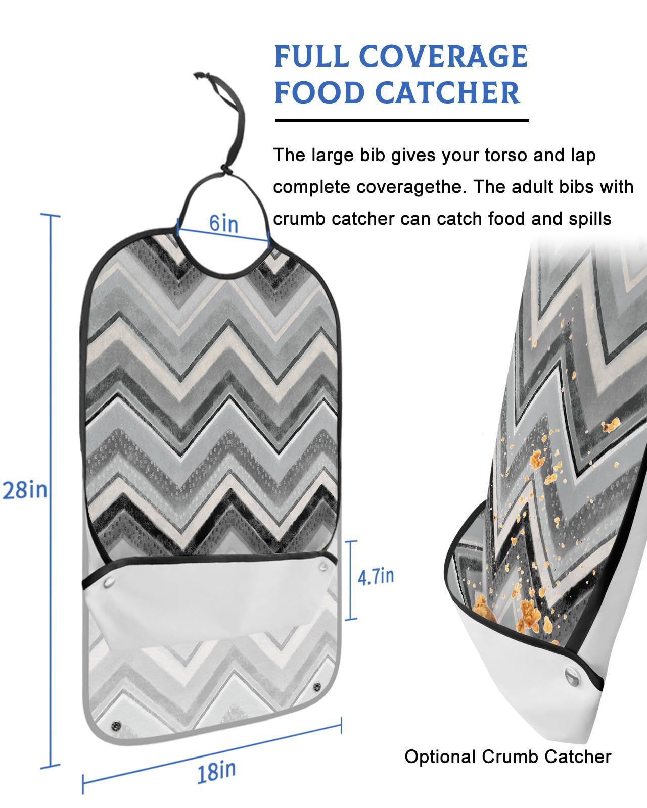 LEOKOTI Nordic Grey Stripes Adult Bibs for Eating, Waterproof Bibs with Food Catcher & Adjustable Snap Closure, Art Abstract Gray Texture Washable Clothing Protectors Adult Bibs for Elderly Women/Men