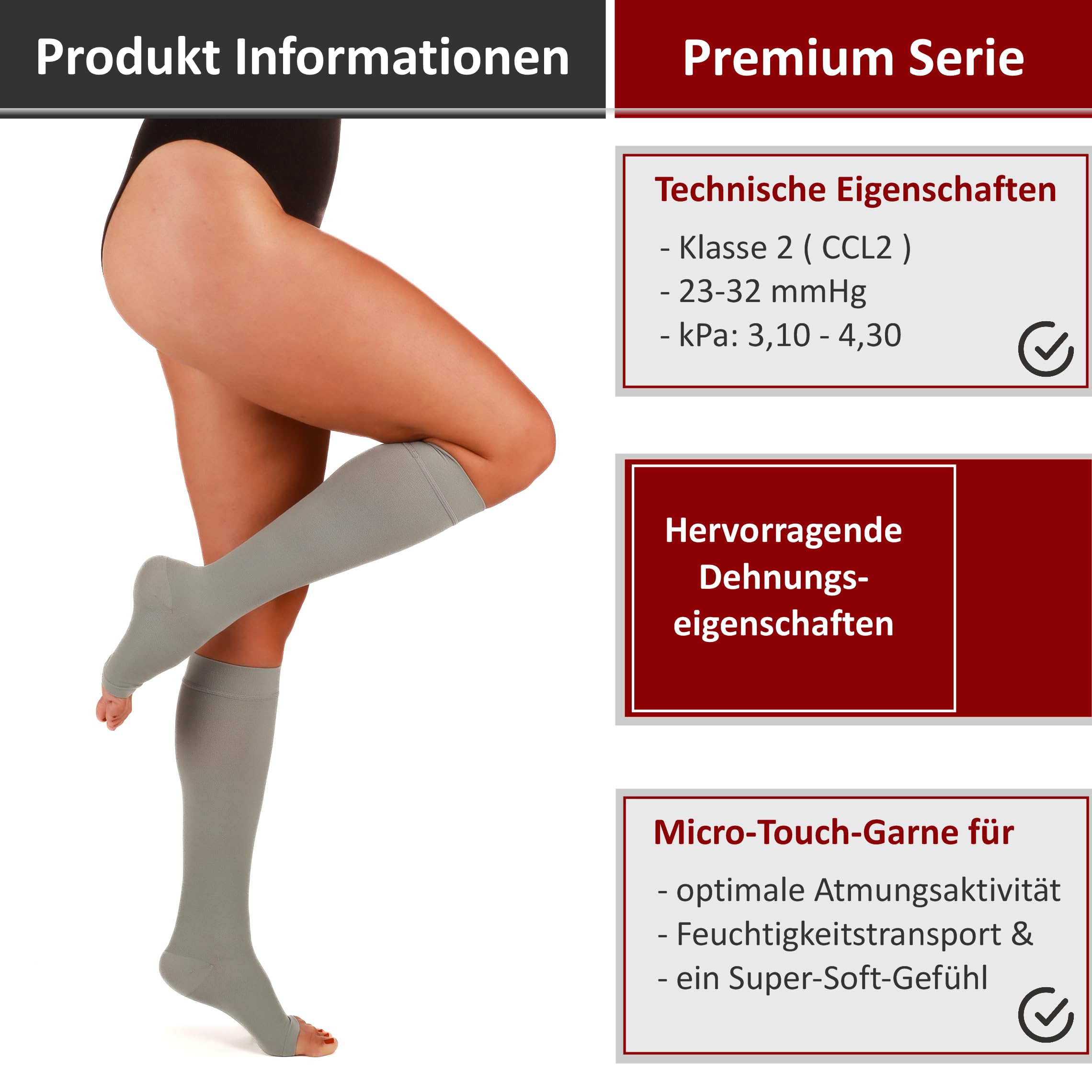 RIEMTEX med. Kompressionsstrümpfe Klasse 2 CCL2 23-32 mmHg Wadenstrümpfe Offene Spitze für Damen PREMIUM Serie 3211