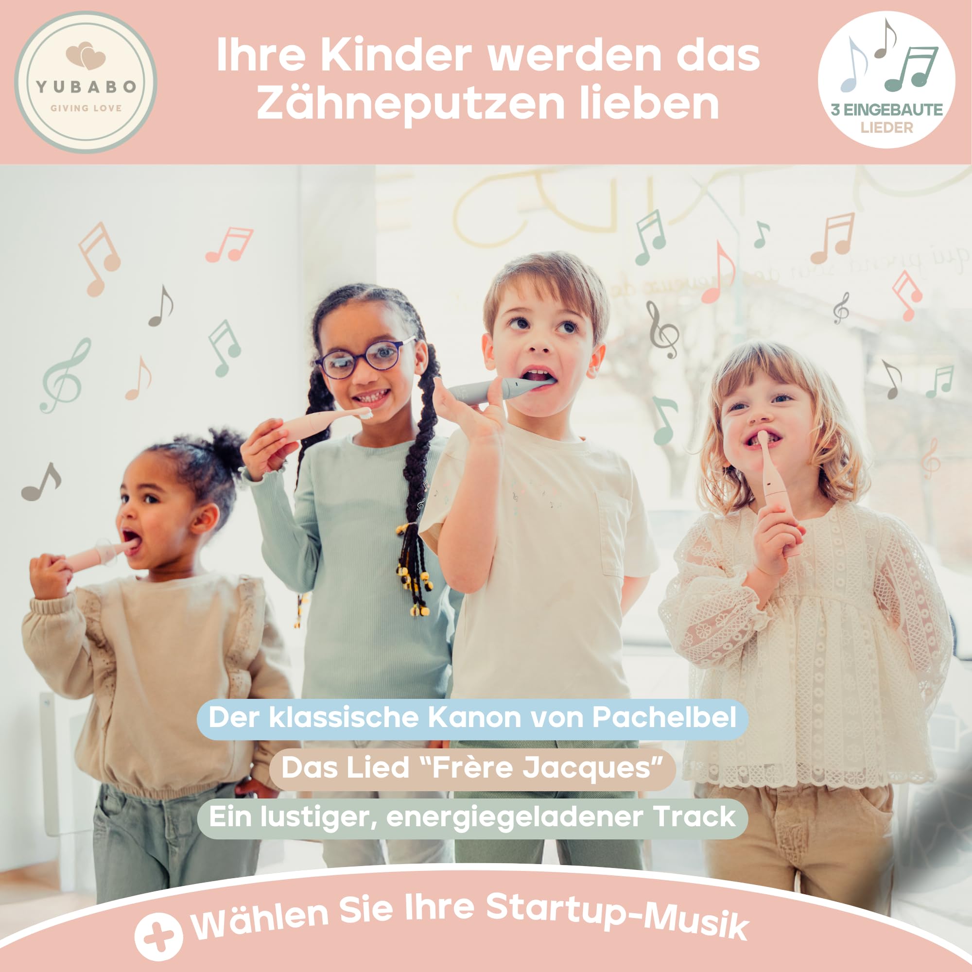 Elektrische Kinderzahnbürste mit Musik und Baby-Modus – 2 Schallmodi – 100 Tage Akkulaufzeit – 2-Minuten-Timer – 101 Aufkleber – Von Zahnärzten empfohlen – 1 bis 3 Jahre – Rosa