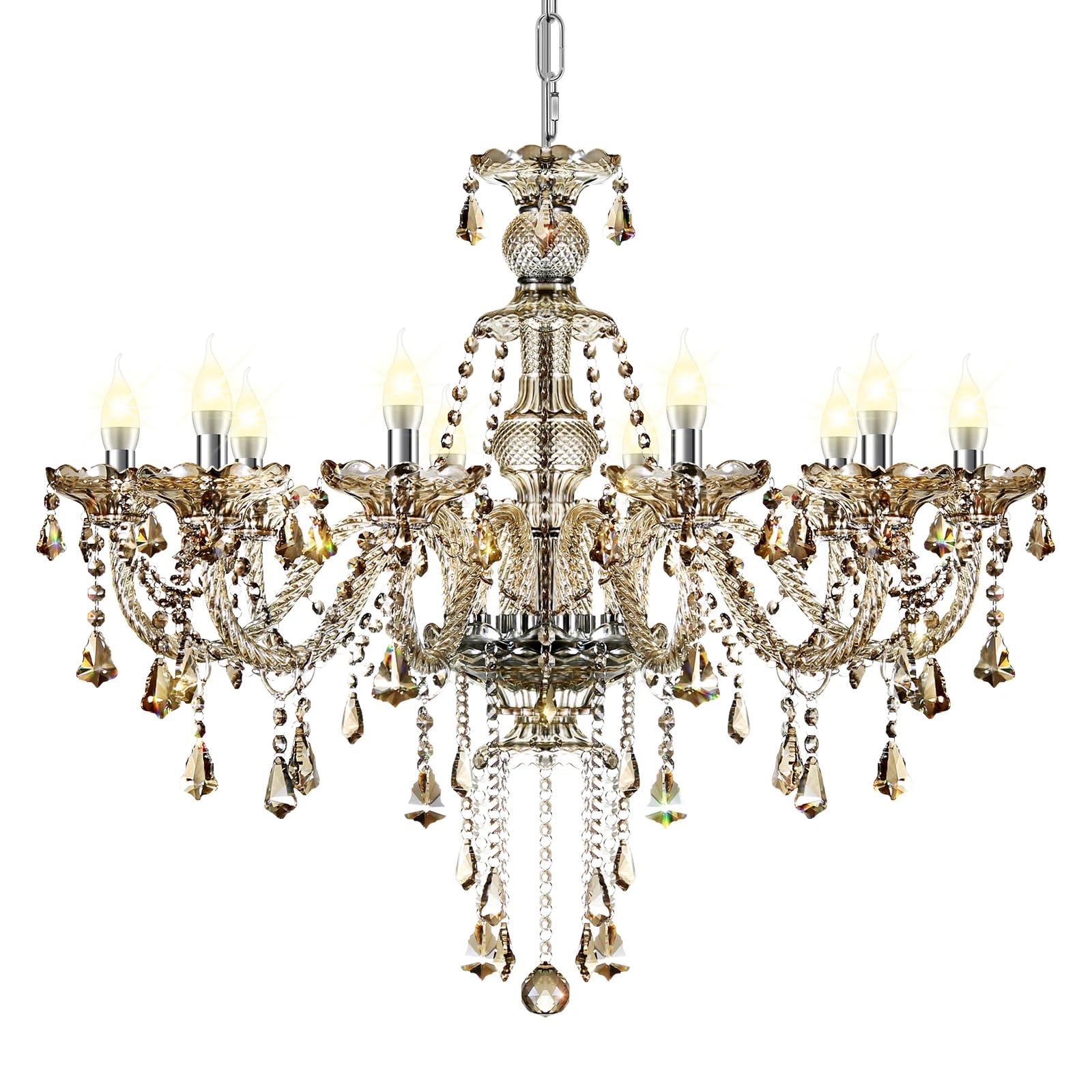 Lustre moderne à 10 ampoules en cristal K9, couleurs cognac, suspension en bougie, éclairage de plafond élégant pour salle à manger, salon, chambre à coucher et accessoires de maison