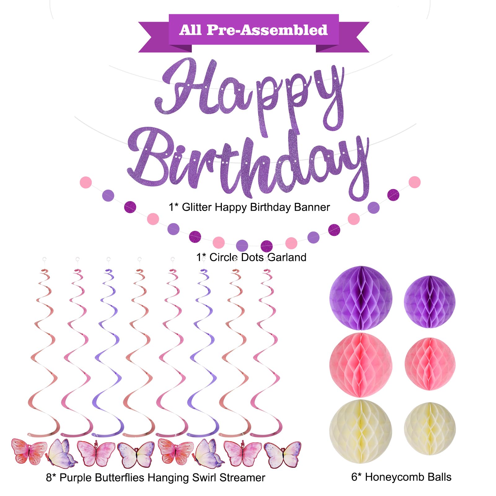 YEOCU Birthday Decorations, NO DIY, Pre-Strung Happy Birthday Banner with Honeycomb Balls, Hanging Swirls, Circle Dots Garland, Happy Birthday Party Decorations for Women Men Boys Girls (Purple)