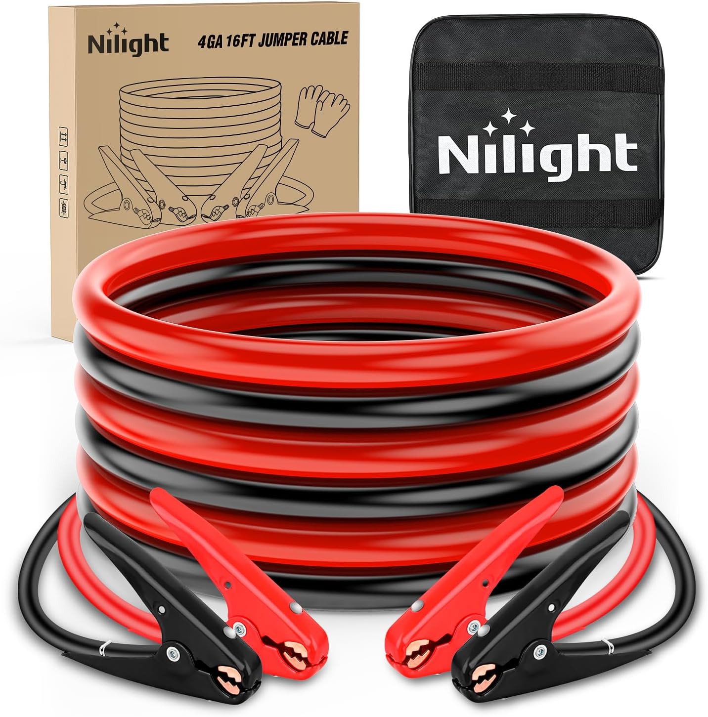 Nilight Jumper Cables for Car Battery 4 Gauge 16 FT Booster Cable Heavy Duty 600 A CCA with Carrying Bag Jump Start Emergency Kit Pickup Truck RV Vans SUV