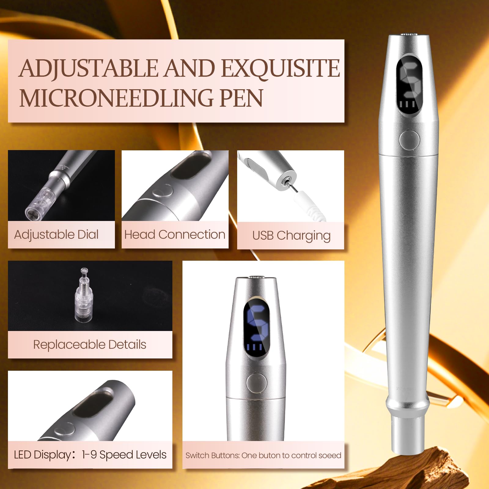 Microneedling Stift Hautpflege Derma Pen 5 Geschwindigkeiten Microneedle Beauty Pen mit LED Bildschirm für Gesicht Porenstraffung und Hautverjüngung für Männer Frauen Heimgebrauch Silber