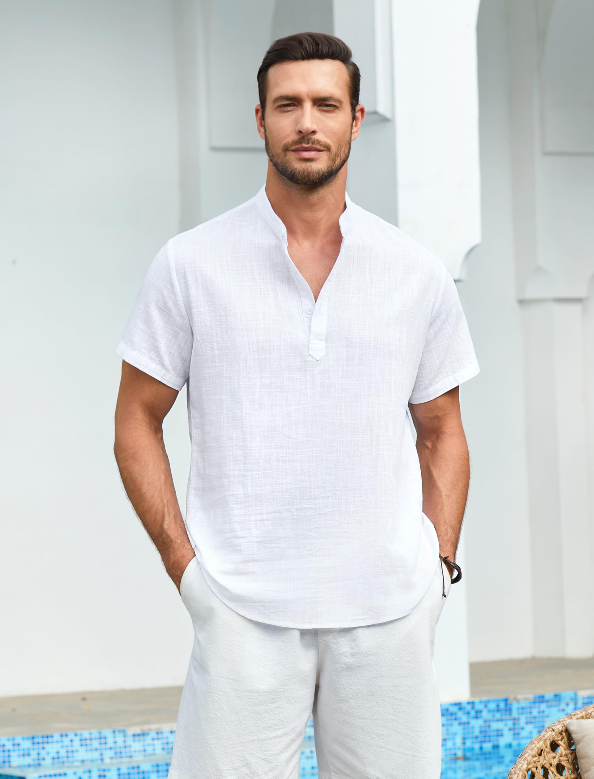 Enlision Camisa Lino Hombre Manga Corta Verano Camisas Casual para Hombres Cuello Mao Ibicenca Camiseta con Botones Algodón Color Sólido Ropa S-4XL