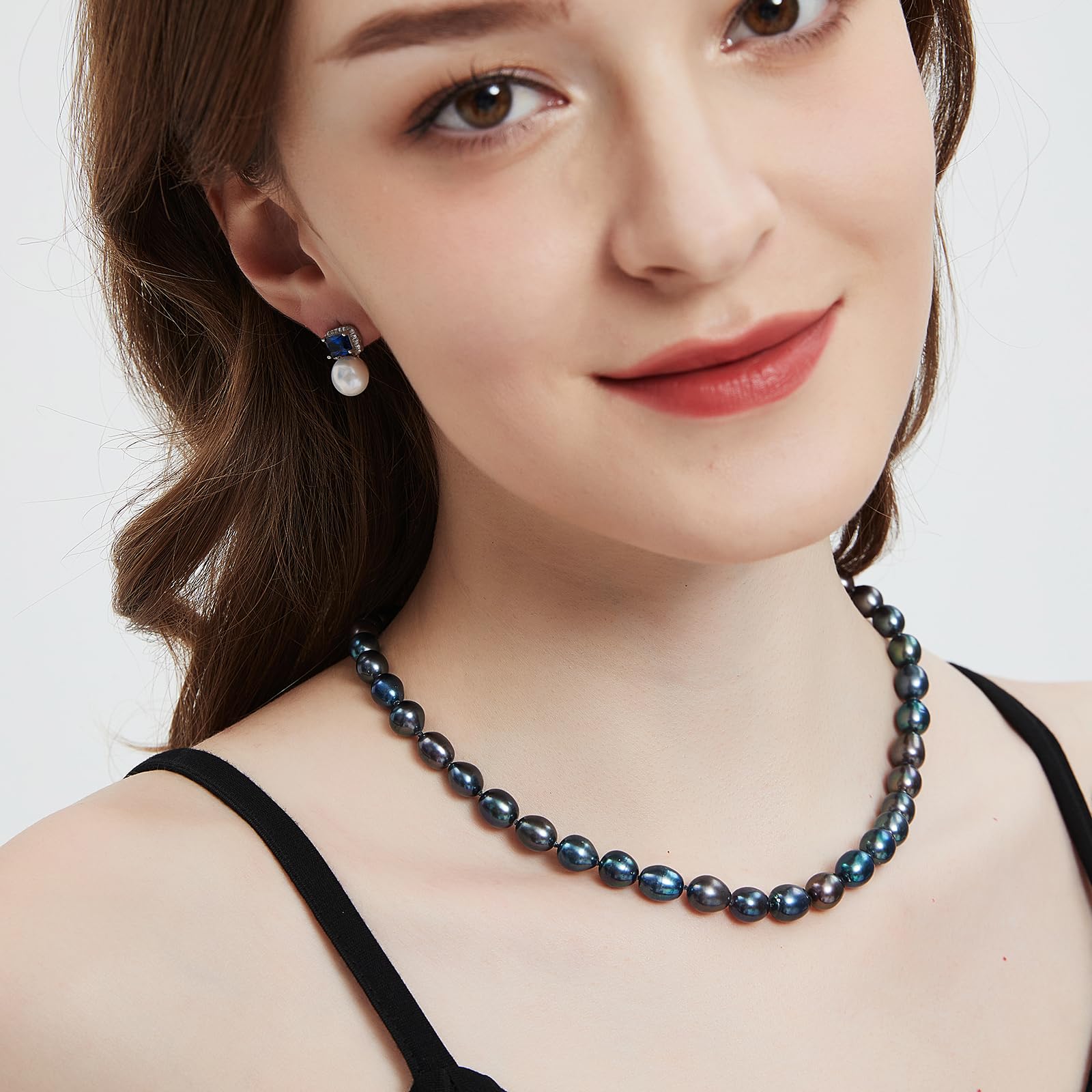 YAMI Collar de perlas negras, perlas cultivadas, plata de ley 925 y chapado en oro blanco, cadena ajustable de 45 cm+5 cm, regalo de joyería para mujeres