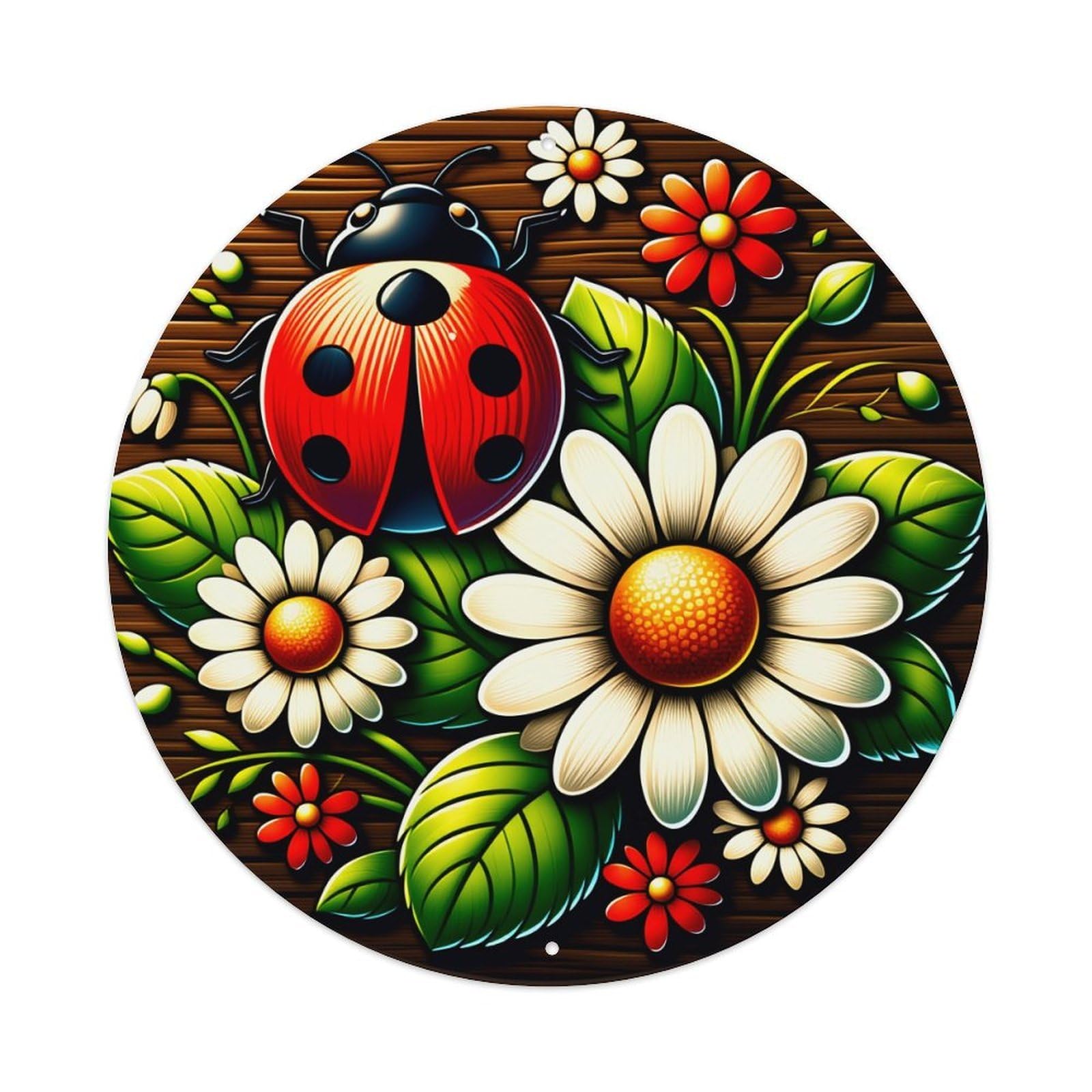 Ladybug Daisy Flower Garden Nature Art Print Round Vintage Tin Sign,Retro Wall Art,Metal Poster for Home, Bar, Garage, Cafe, Rustic Indoor & Outdoor Decor, 8x8 Inches