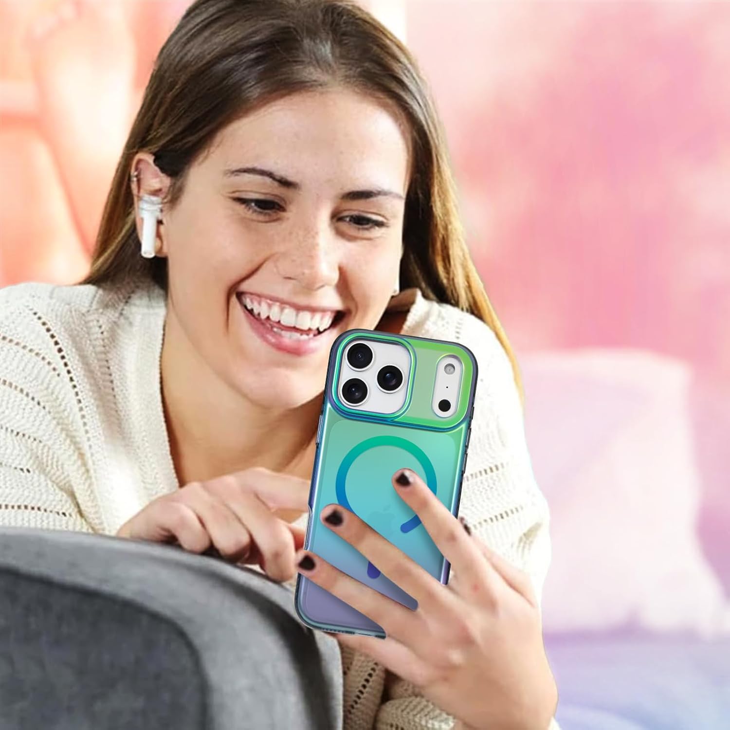 AIGOMARA Magnetic Case for iPhone 17 Pro [Compatible with Magsafe] [Fluorescent Iridescent Green Blue] Slim Shockproof Matte Back Protective Phone Cover for Women Girls 6.3 Inch - Image 6